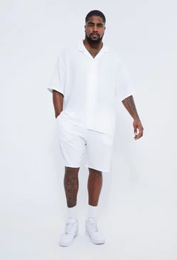 Plus Short Sleeve Drop Revere Linen Shirt & Short Set White