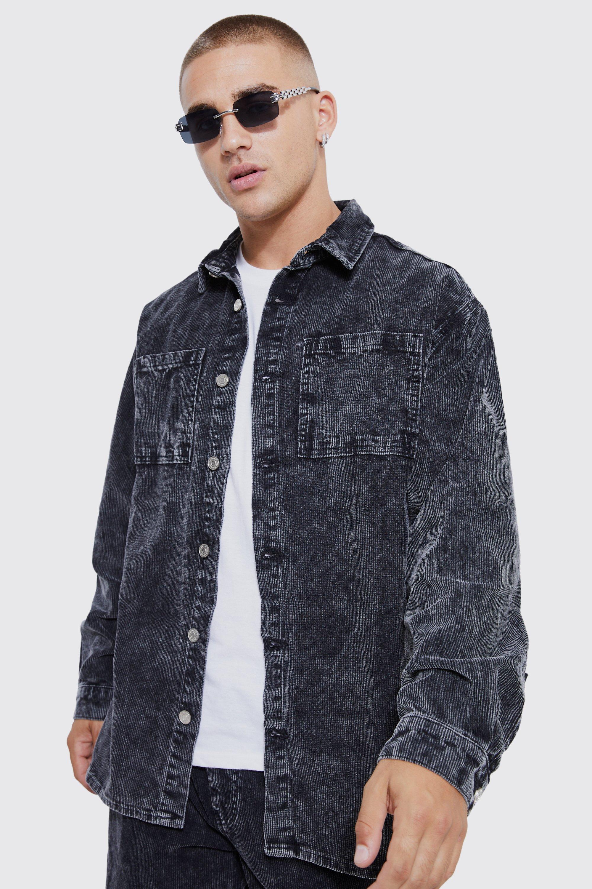 Charcoal Oversized Long Sleeve Acid Wash Cord Shirt