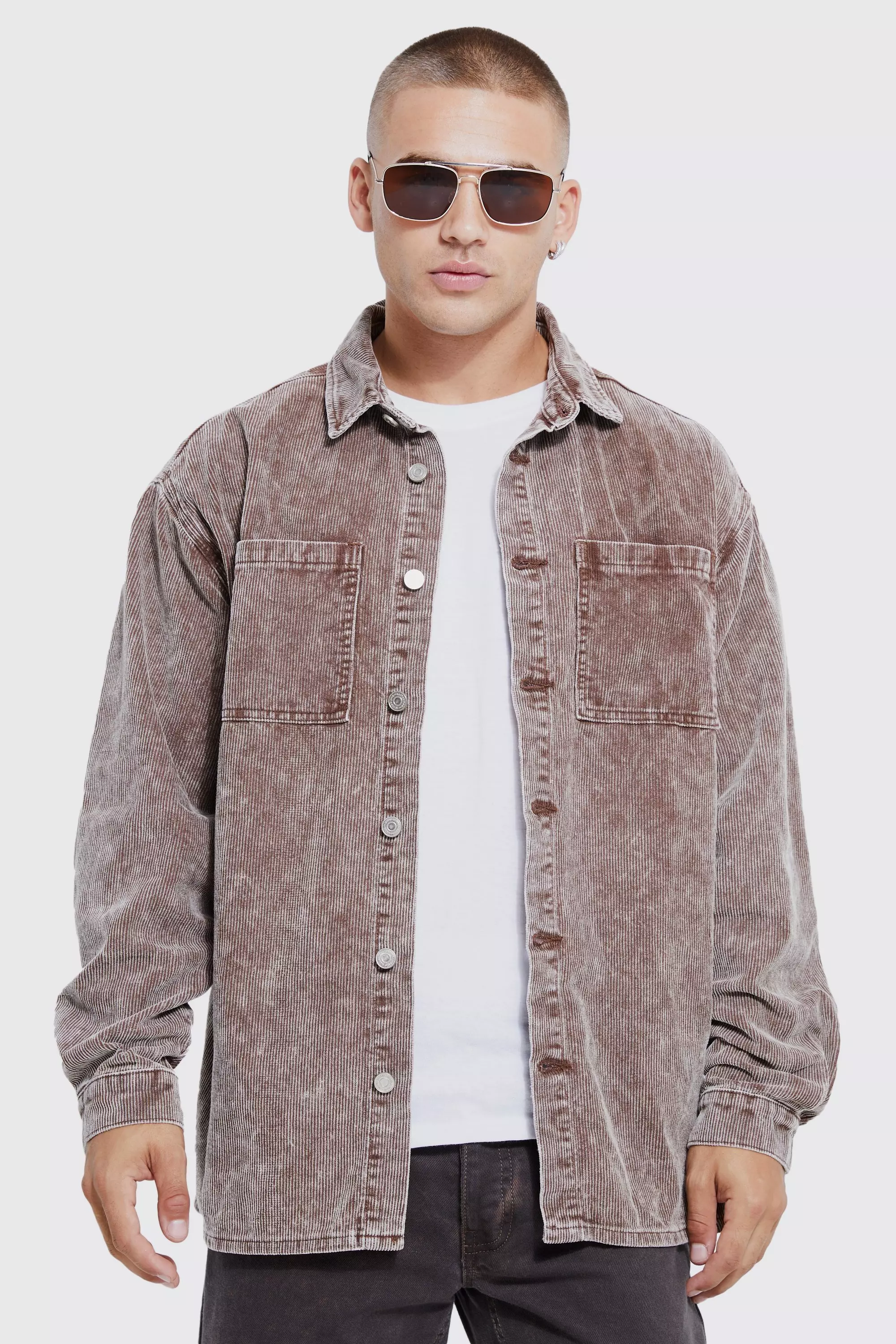 Oversized Long Sleeve Acid Wash Corduroy Shirt Chocolate