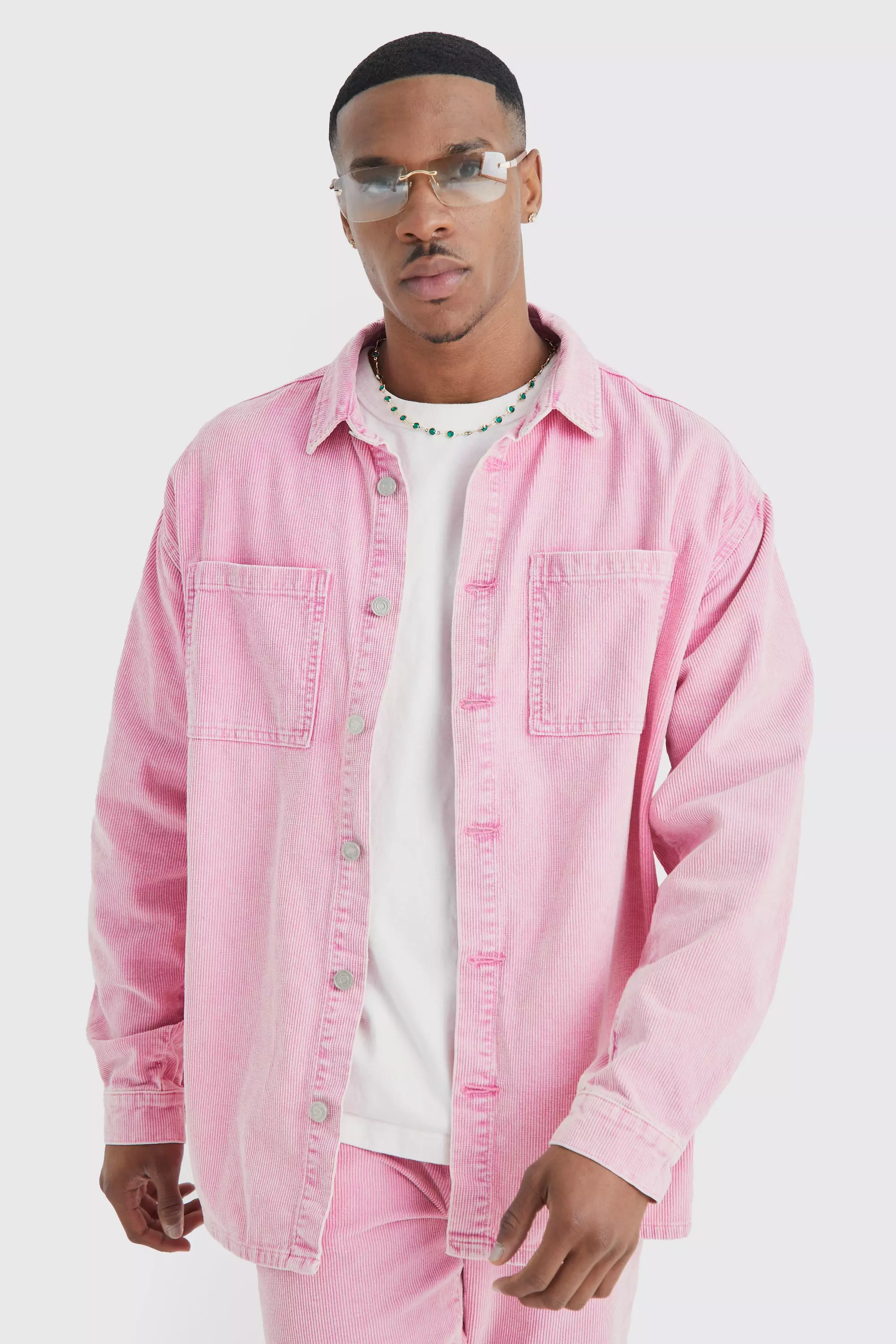 Oversized Long Sleeve Acid Wash Cord Shirt Pink