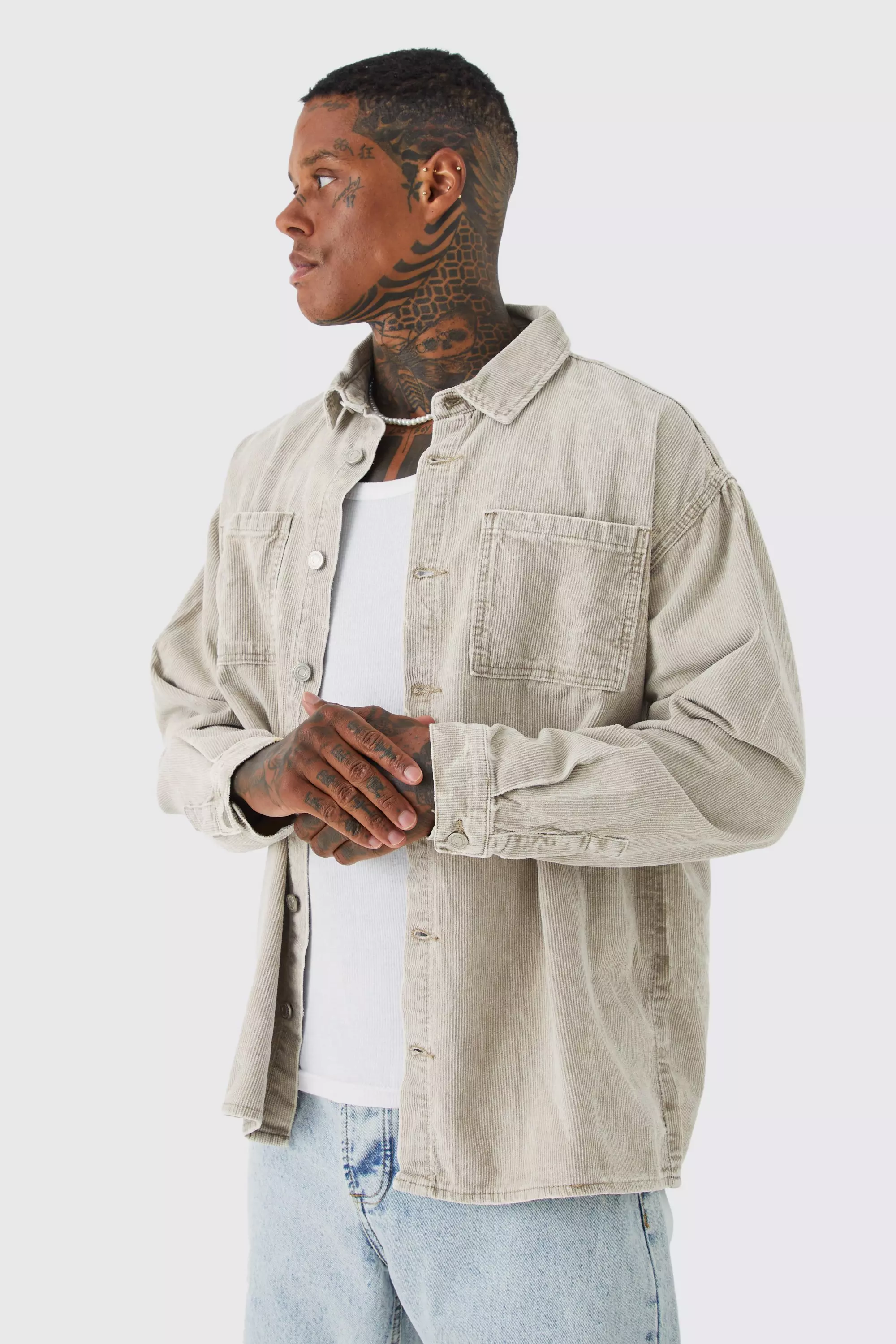 Oversized Long Sleeve Acid Wash Corduroy Shirt Stone