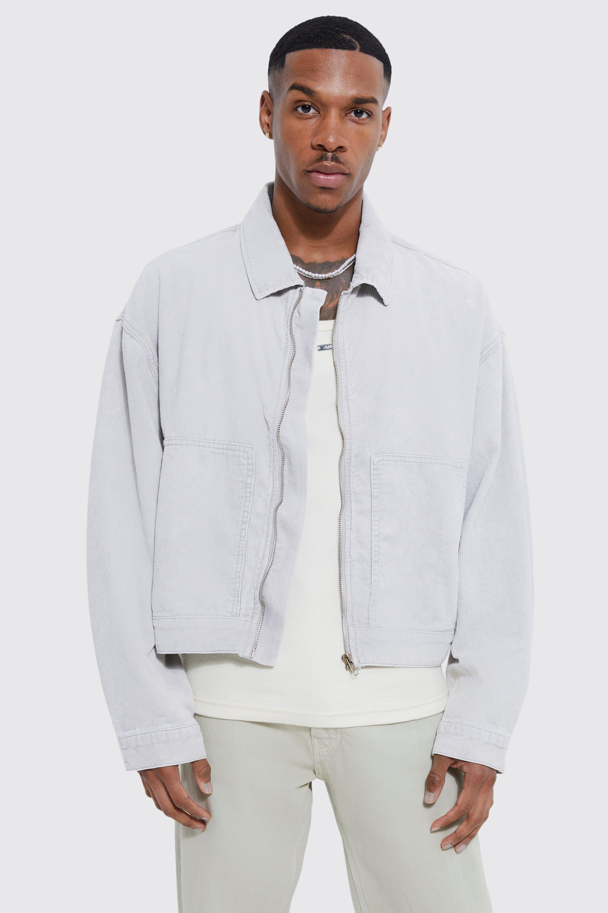 Ice grey Boxy Fit Acid Wash Zip Down Cord Jacket 