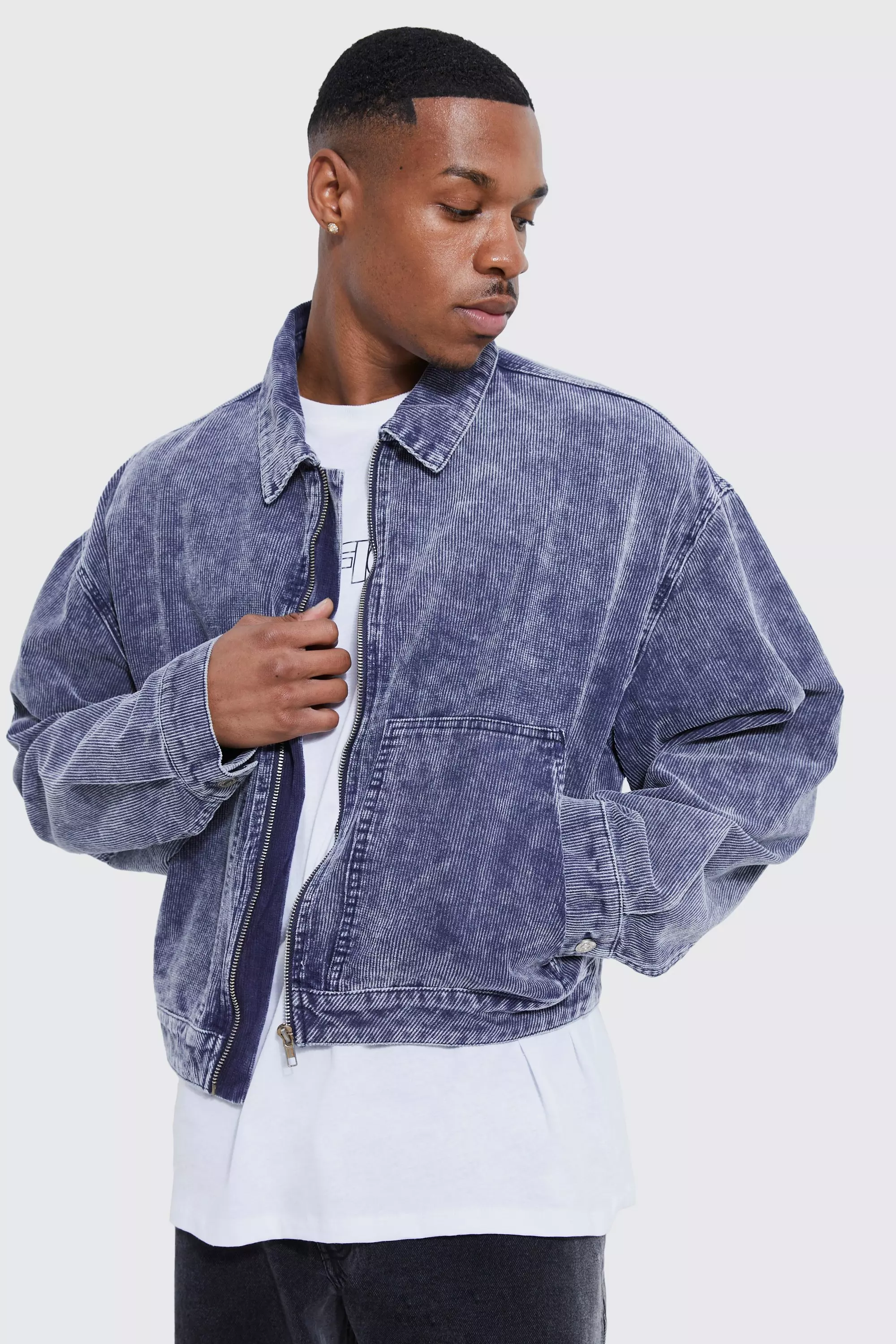 Navy Boxy Fit Acid Wash Zip Down Cord Jacket