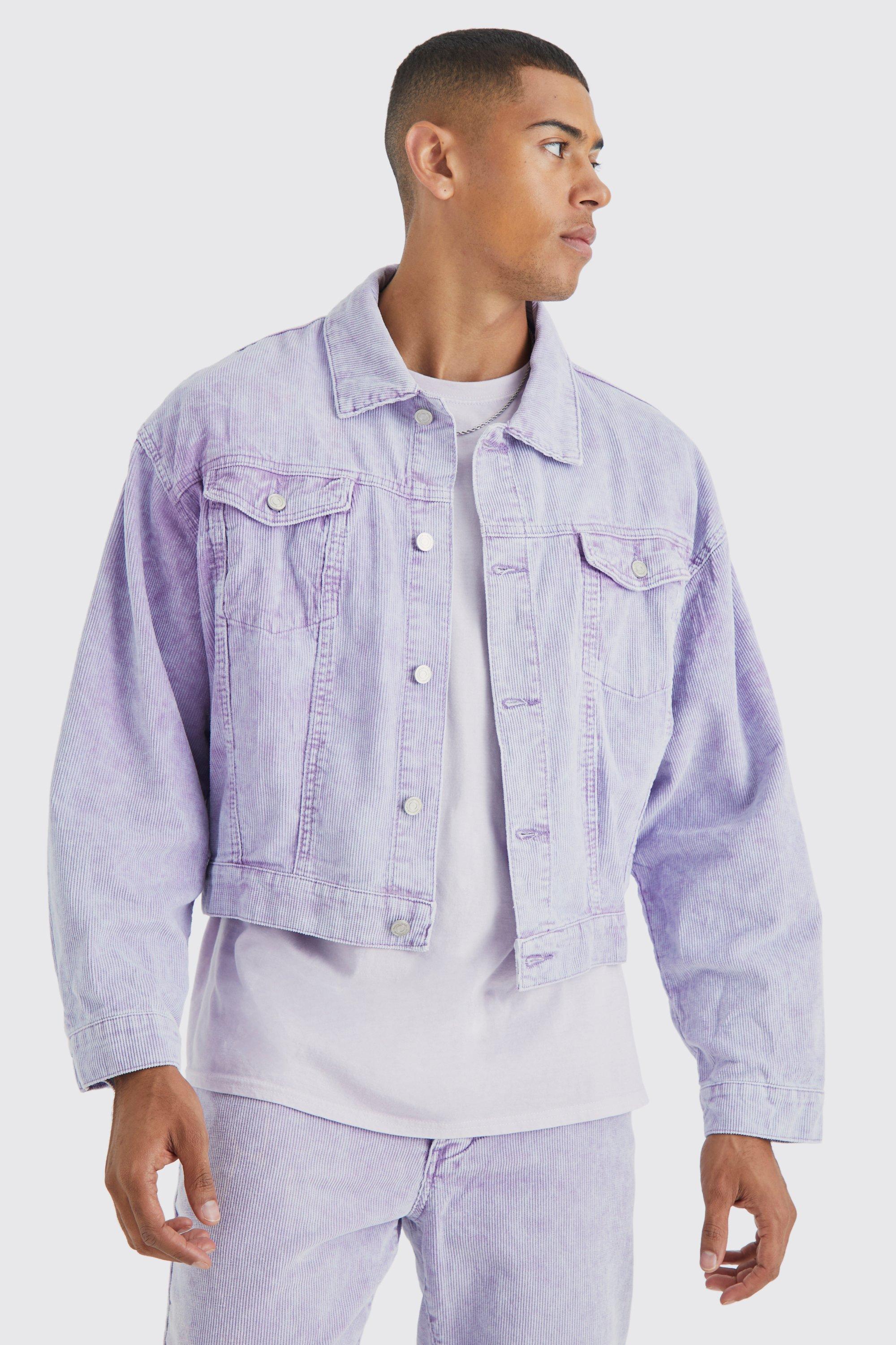 boohoo Mens Boxy Fit Acid Wash Cord Jacket - Purple M