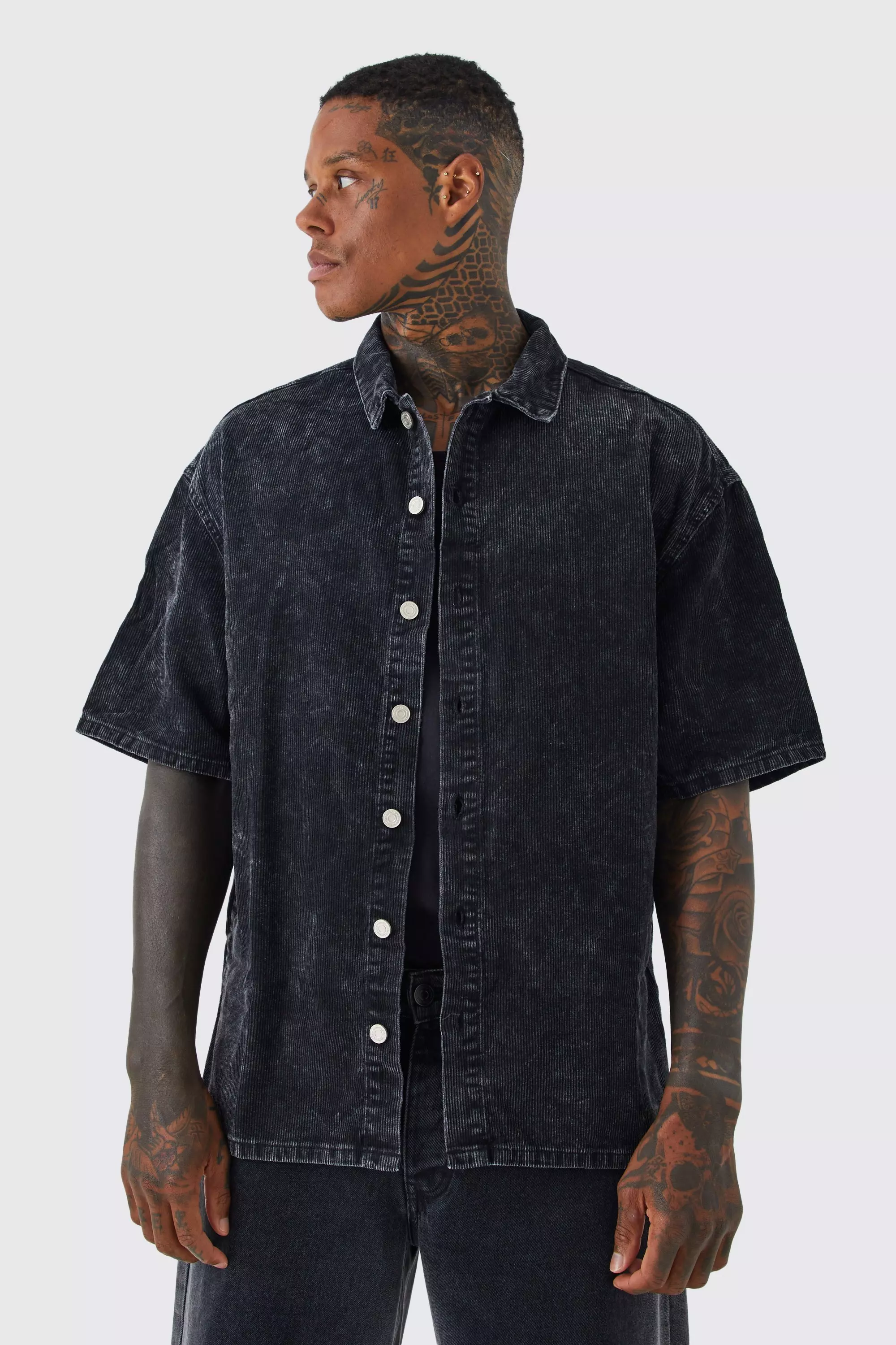 Oversized Boxy Acid Wash Shirt Charcoal