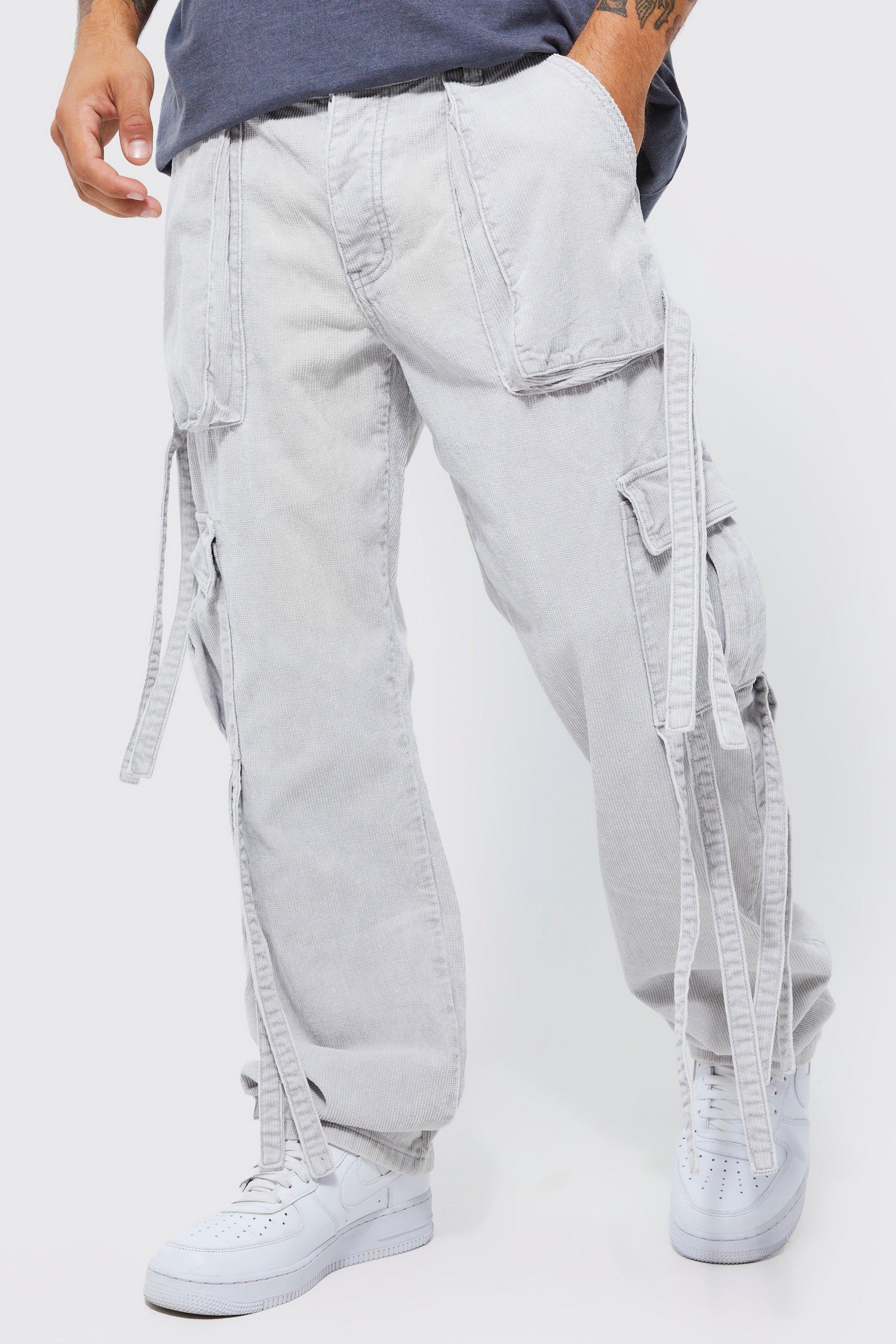 Ice grey Relaxed Strap Detail Acid Wash Corduroy Trousers