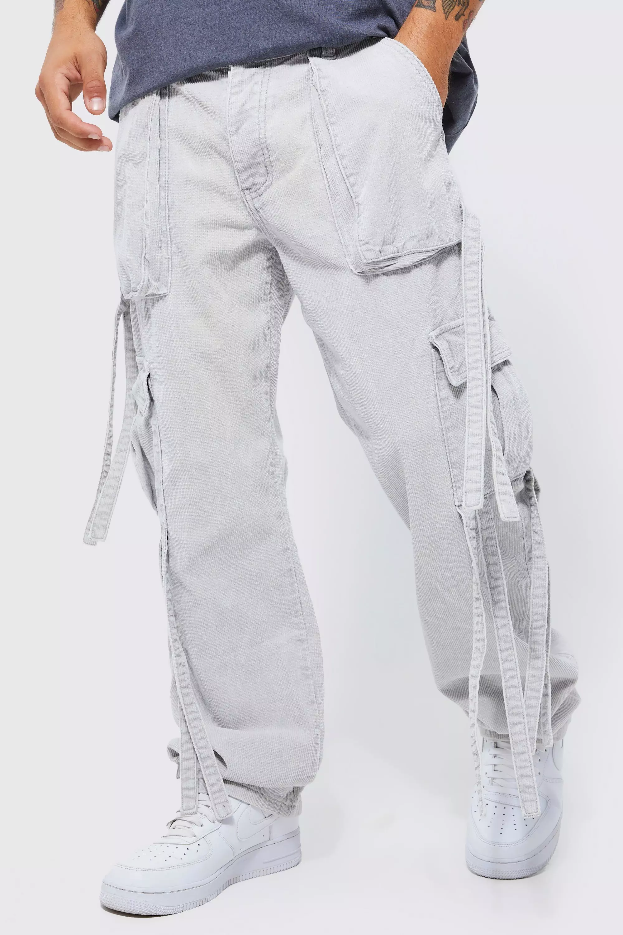 Relaxed Strap Detail Acid Wash Cord Pants Ice grey