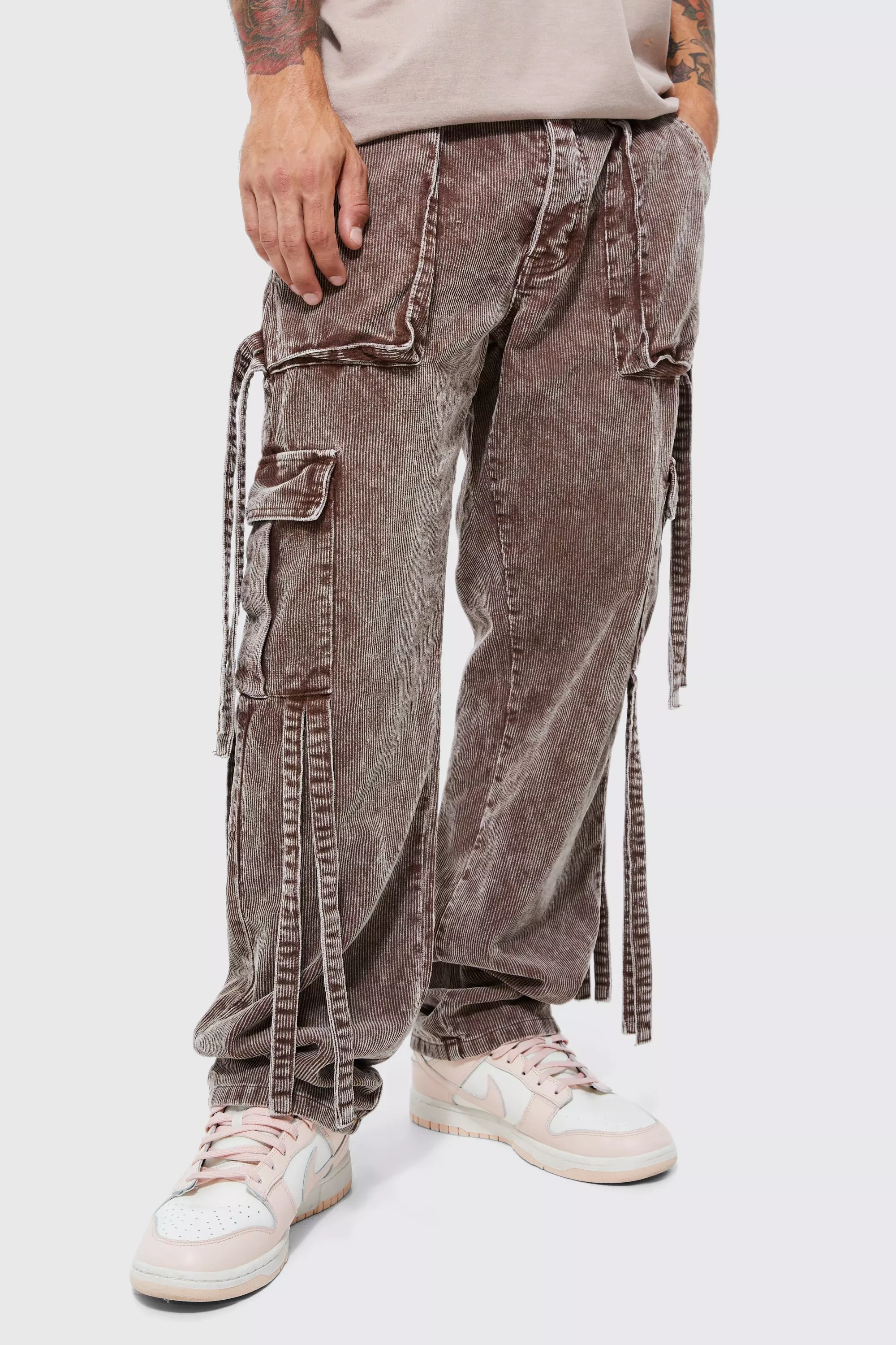 Relaxed Strap Detail Acid Wash Cord Trousers Chocolate