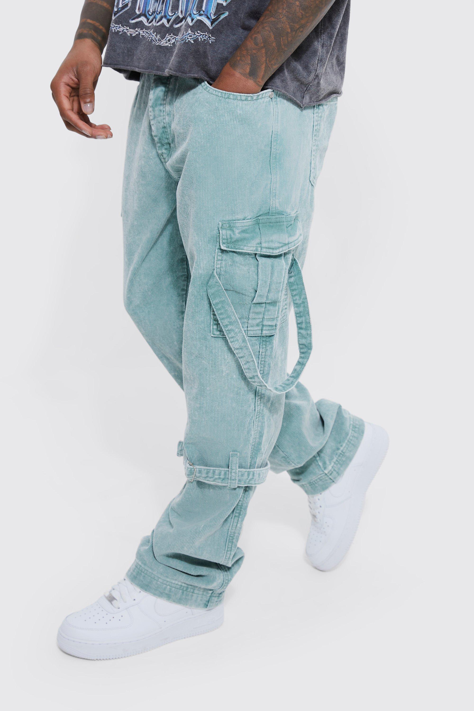 Mens Wide Leg Corduroy Cargo Pants Sky Blue 