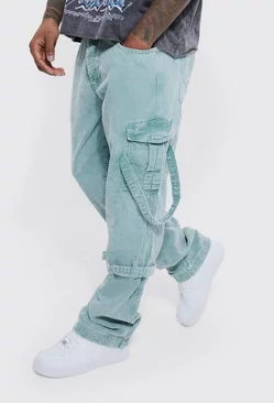 Sage Green Relaxed Strap Detail Acid Wash Cord Trousers