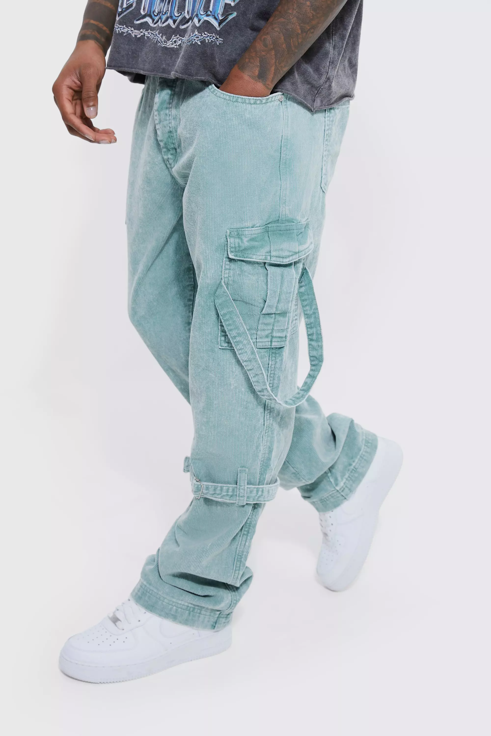 Relaxed Strap Detail Acid Wash Cord Trousers Sage