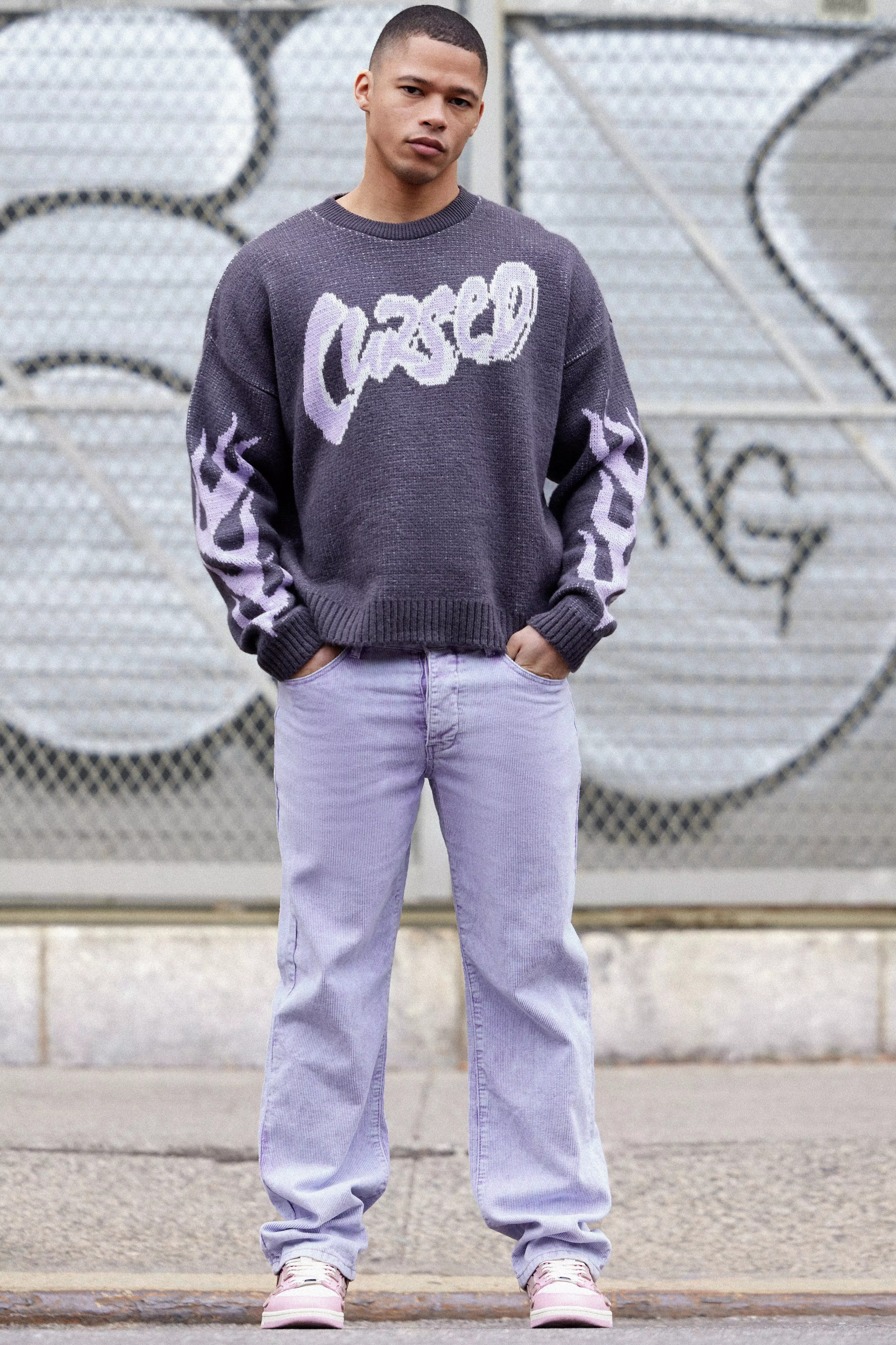 Lilac Purple Relaxed Fit Acid Wash Cord Pants