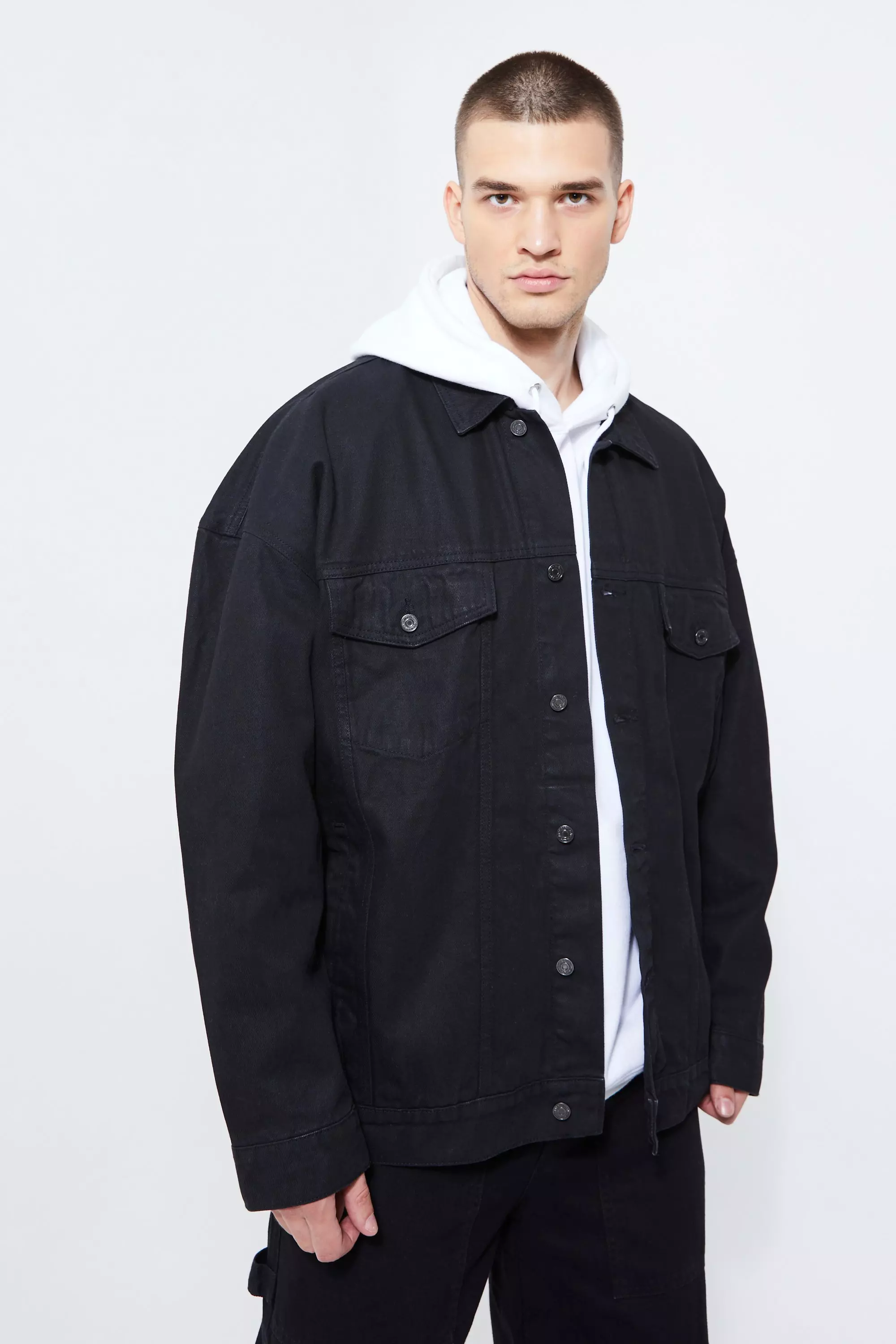 Tall Oversized Coated Denim Jacket Black