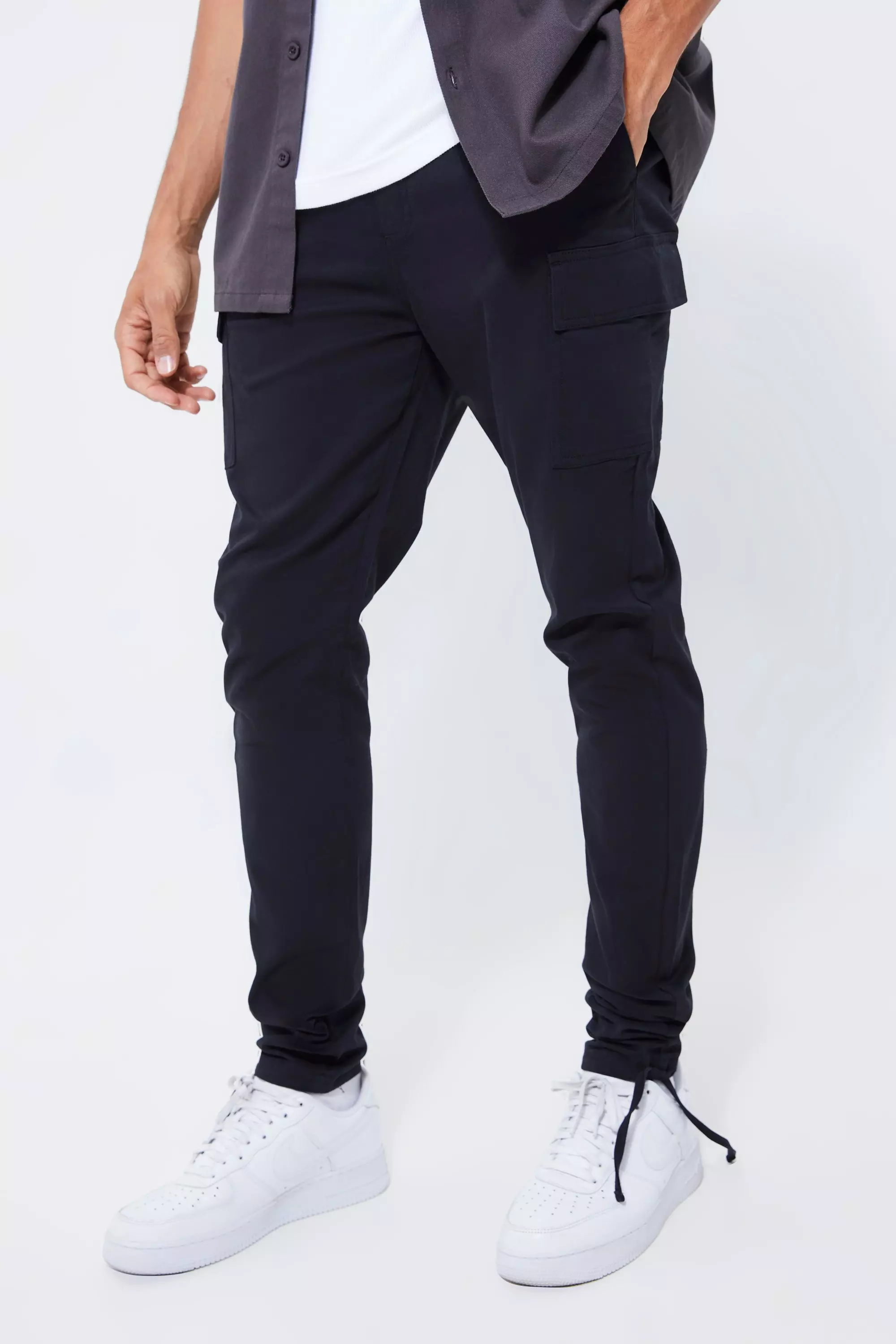 Tall Skinny Fit Elastic Waist Cargo Pants Black