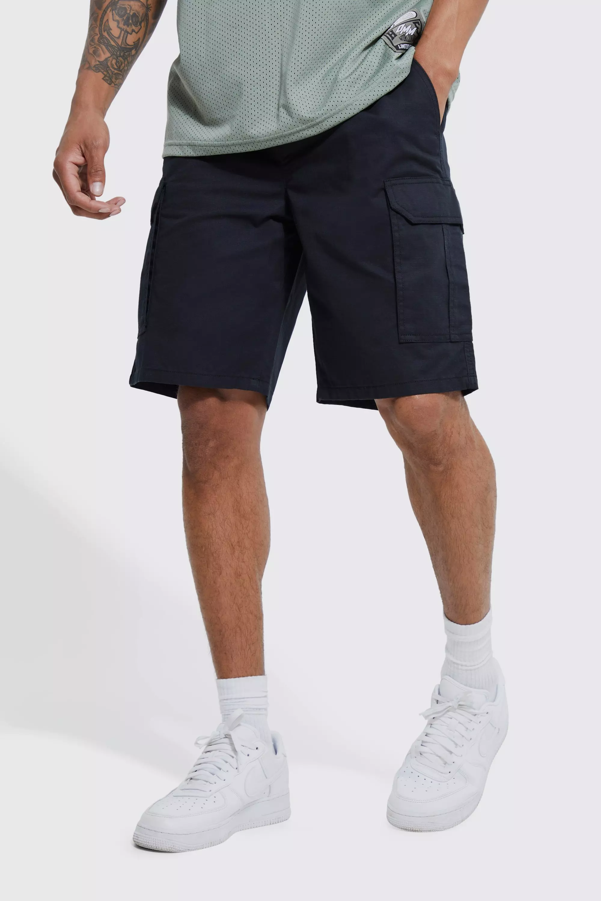 Relaxed Elasticated Waist Ripstop Cargo Short Black