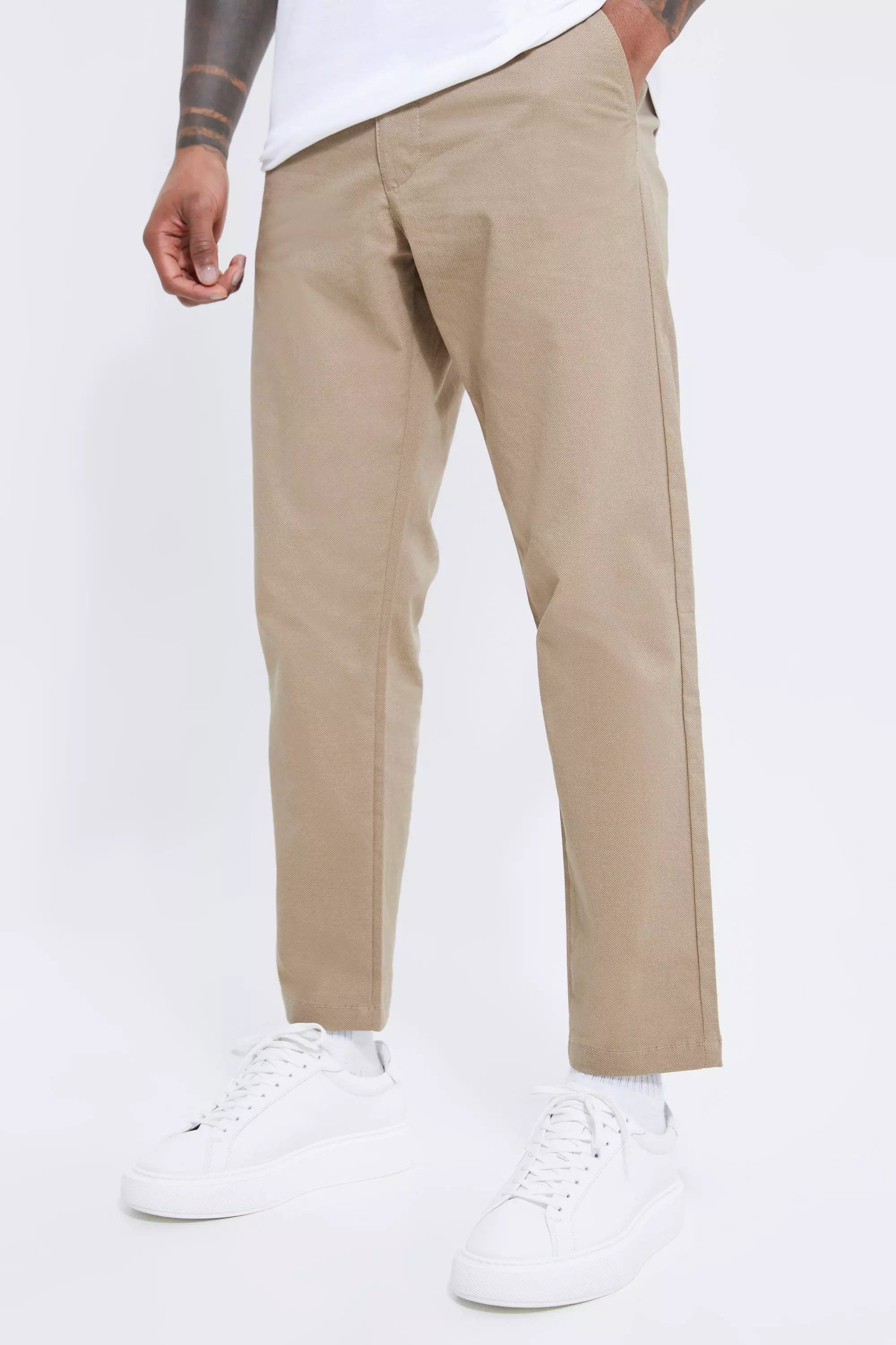 Fixed Waist Slim Cropped Textured Chino Stone