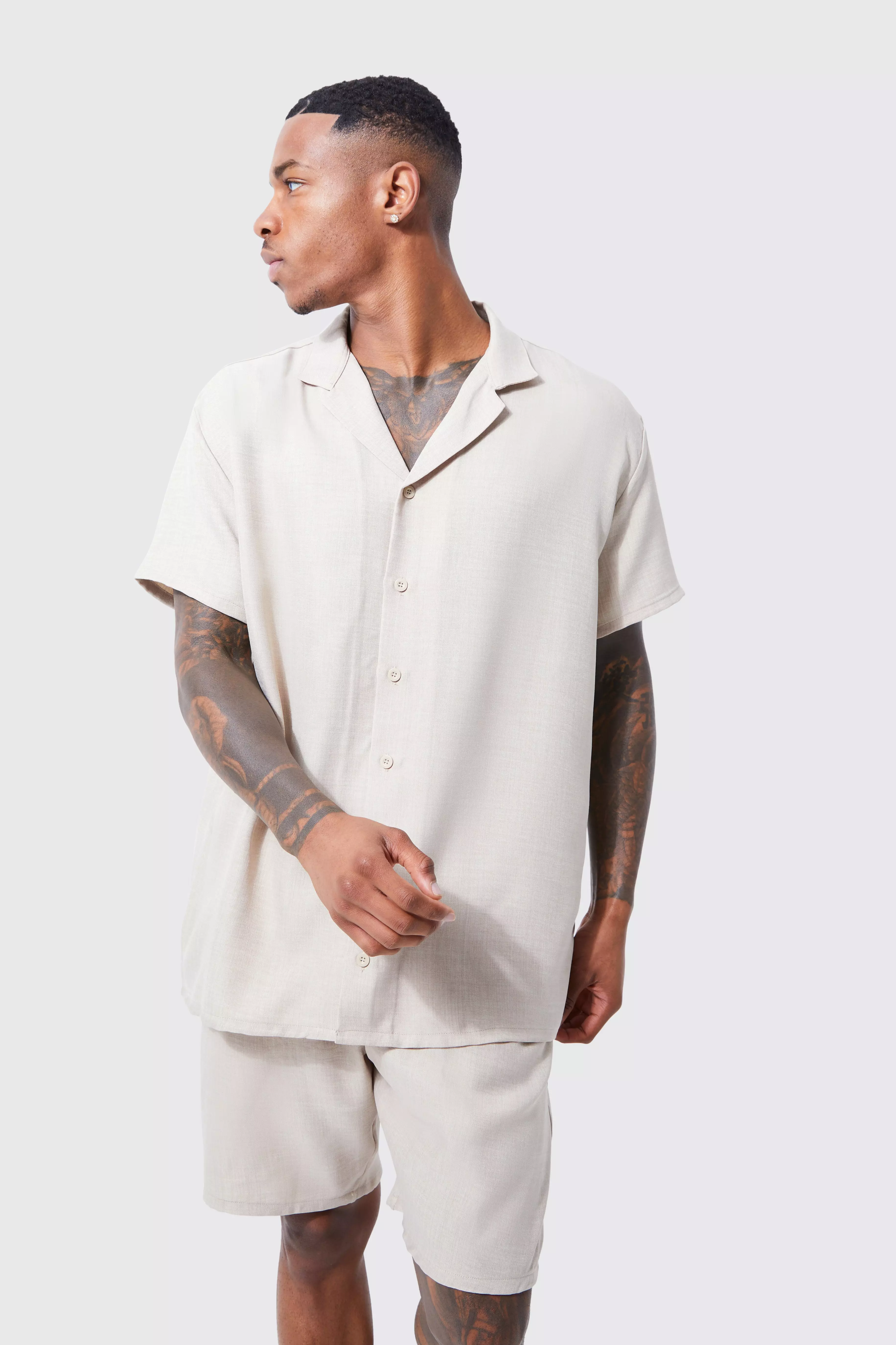 Oversized Linen Shirt And Short Set boohooMAN USA