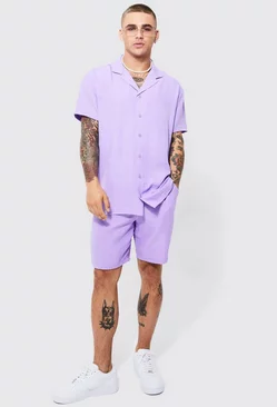 Oversized Linen Shirt And Short Set lilac