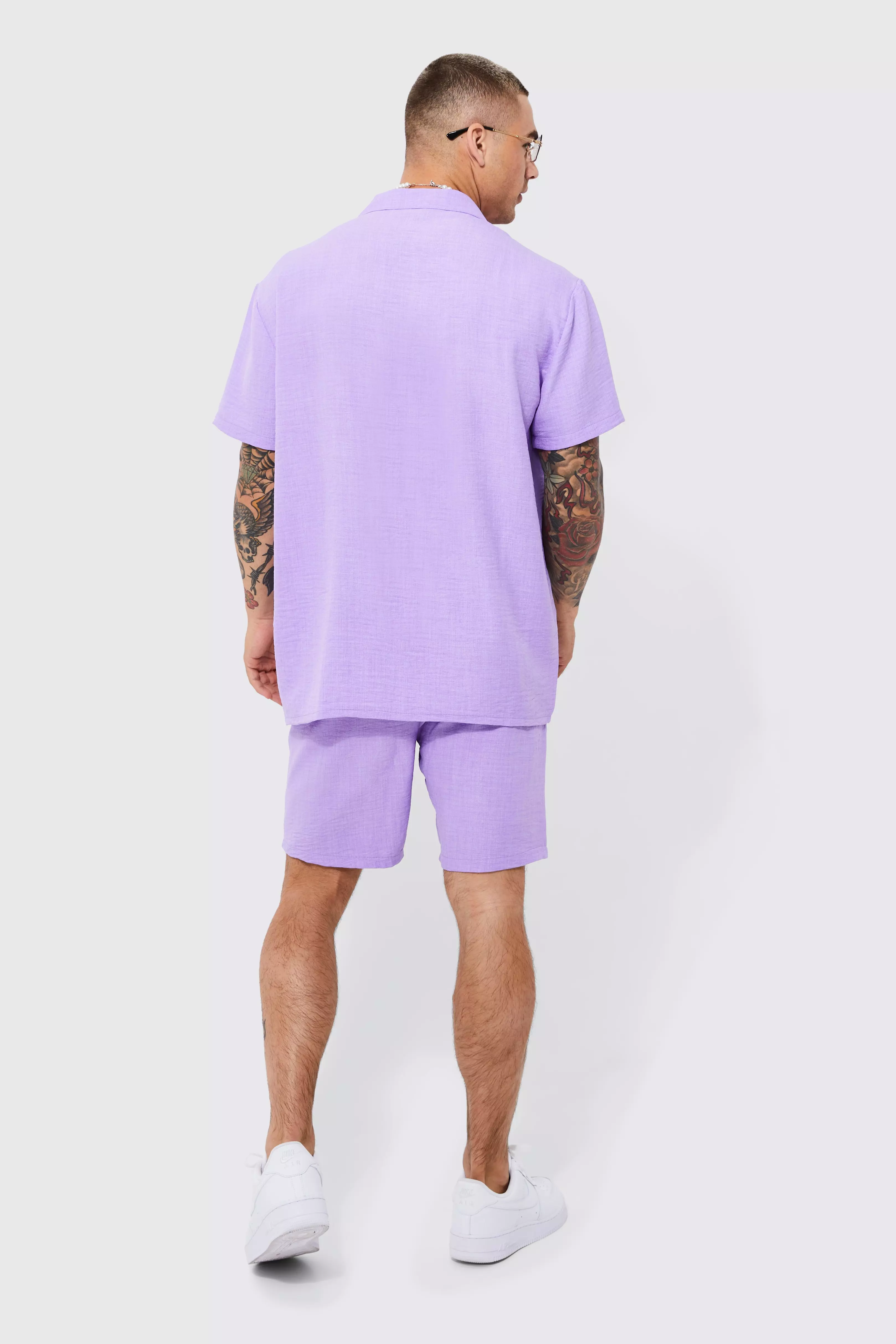Set Camicia Oversize In Lino & Pantaloncini, Lilac immagine alternativa