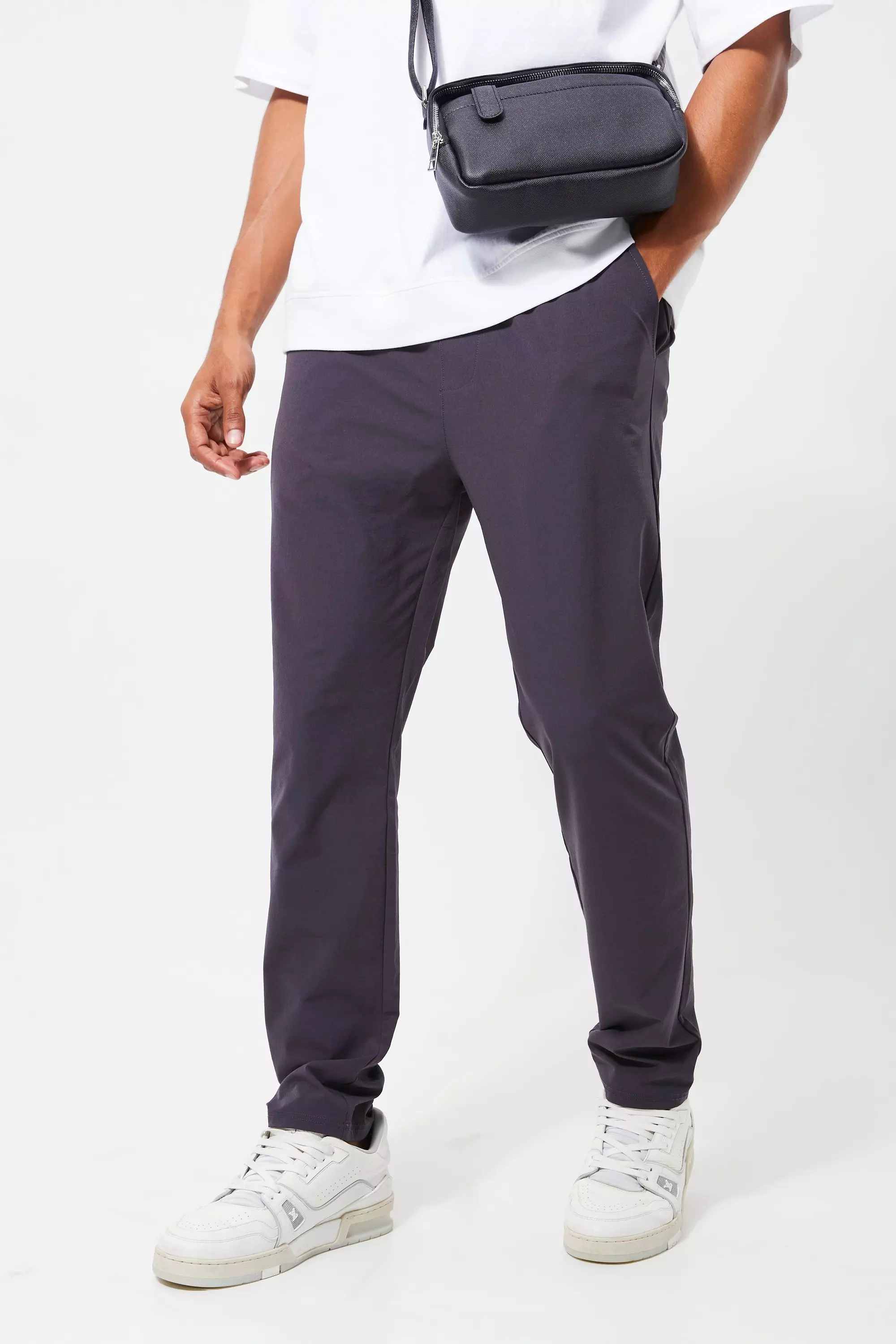 Charcoal Grey Elastic Waist Lightweight Stretch Slim Pants