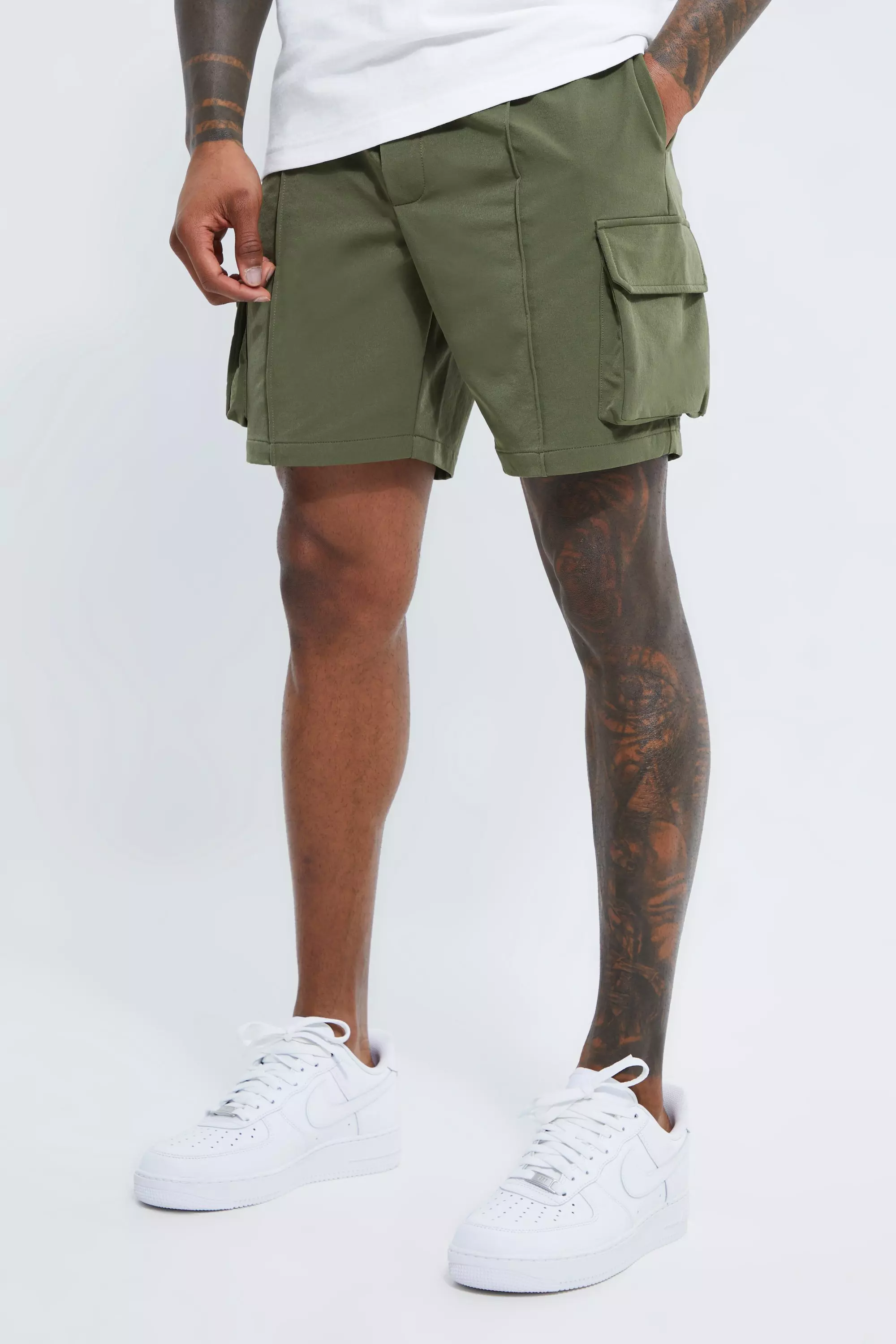 Khaki Elastic Slim Cargo Short With Pintuck