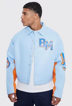Blue Boxy Pu Varsity Badge Jacket
