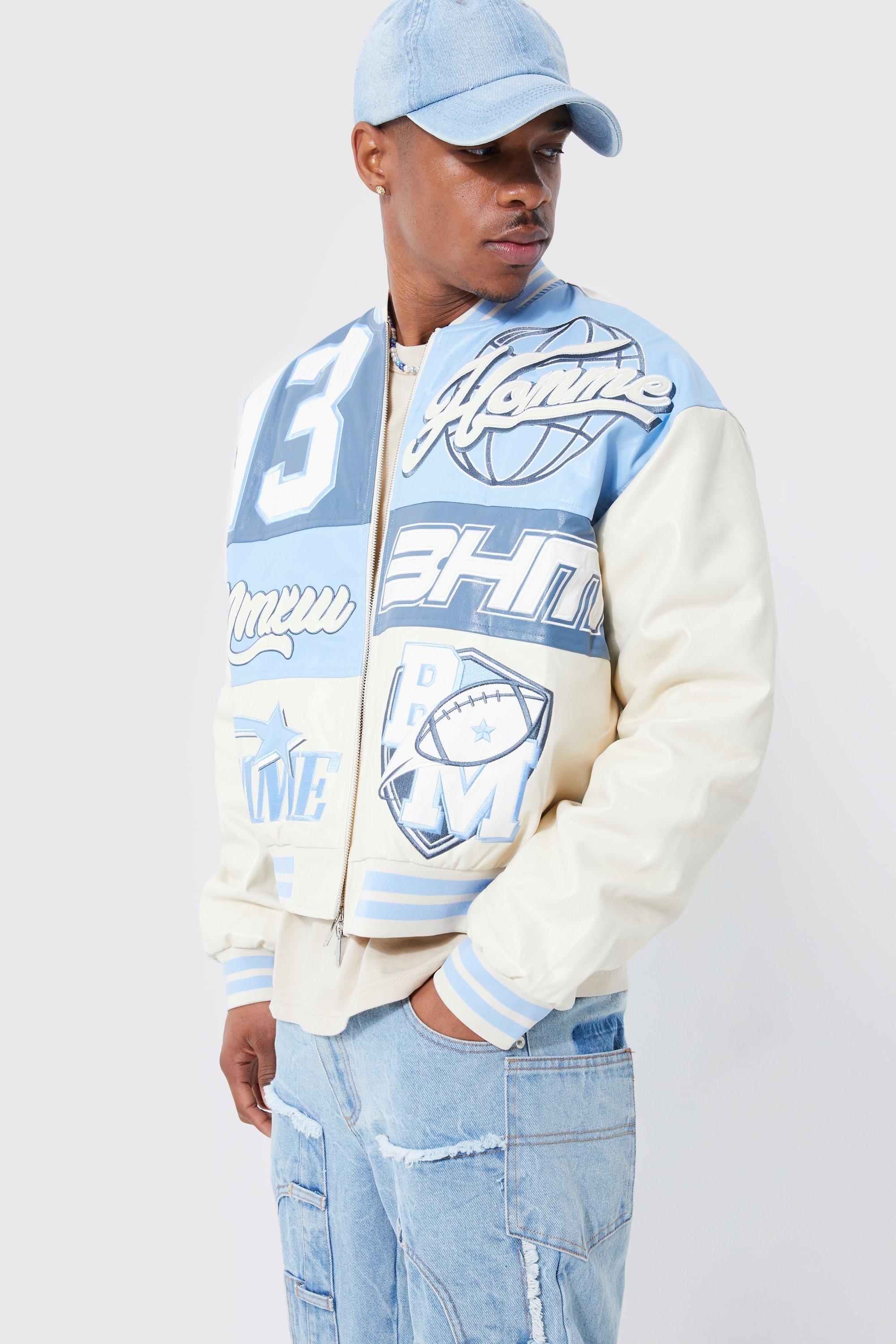 Boxy Suede Embroidered Varsity Jacket | boohooMAN USA