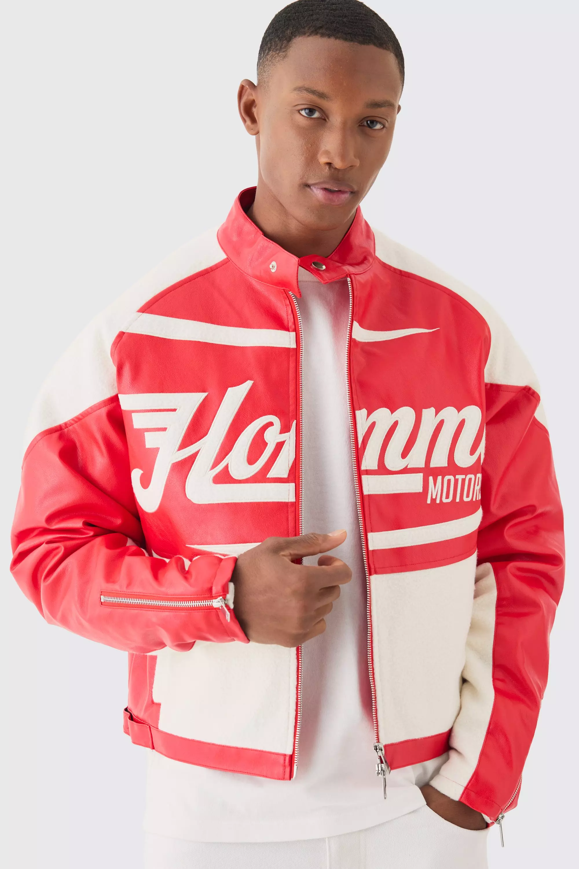Boxy Pu Contrast Boucle Panel Moto Jacket boohooMAN