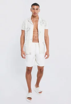 Short Sleeve Revere Linen Graphic Shirt & Swim Set white