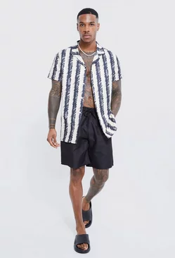 Short Sleeve Revere Linen Stripe Shirt & Swim Short Set stone