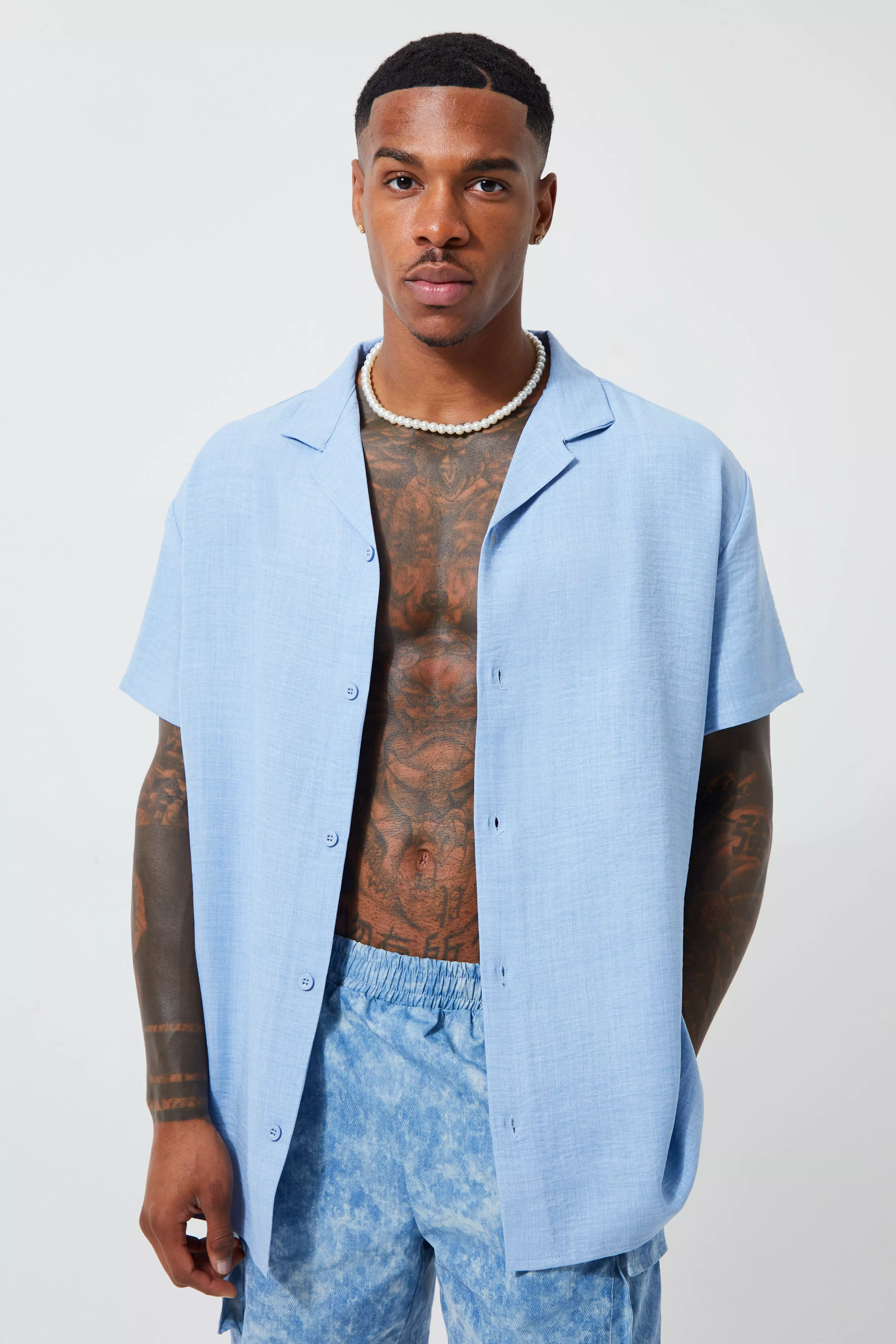 Short Sleeve Oversized Linen Revere Shirt Pale blue