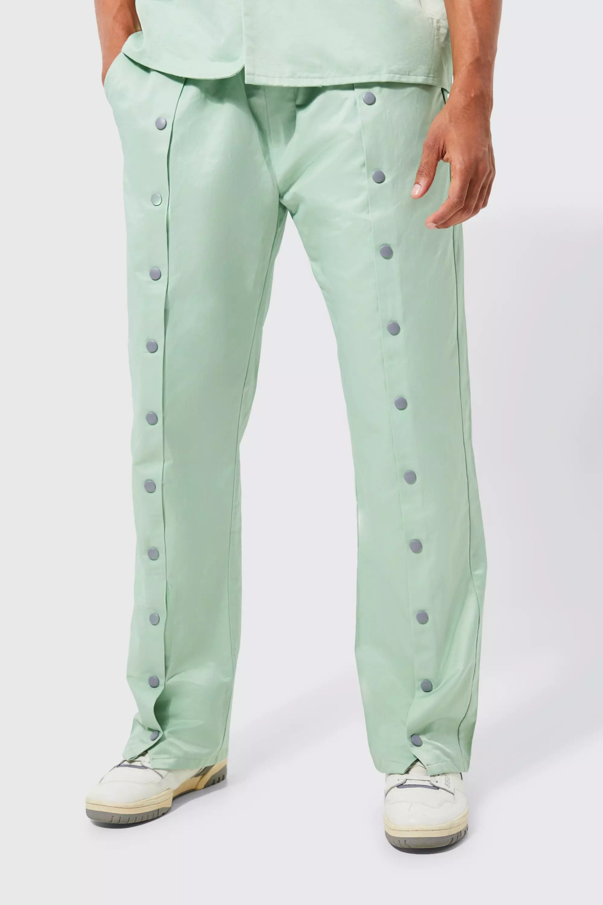 Sage Green Elasticated Waistband Popper Relaxed Pants