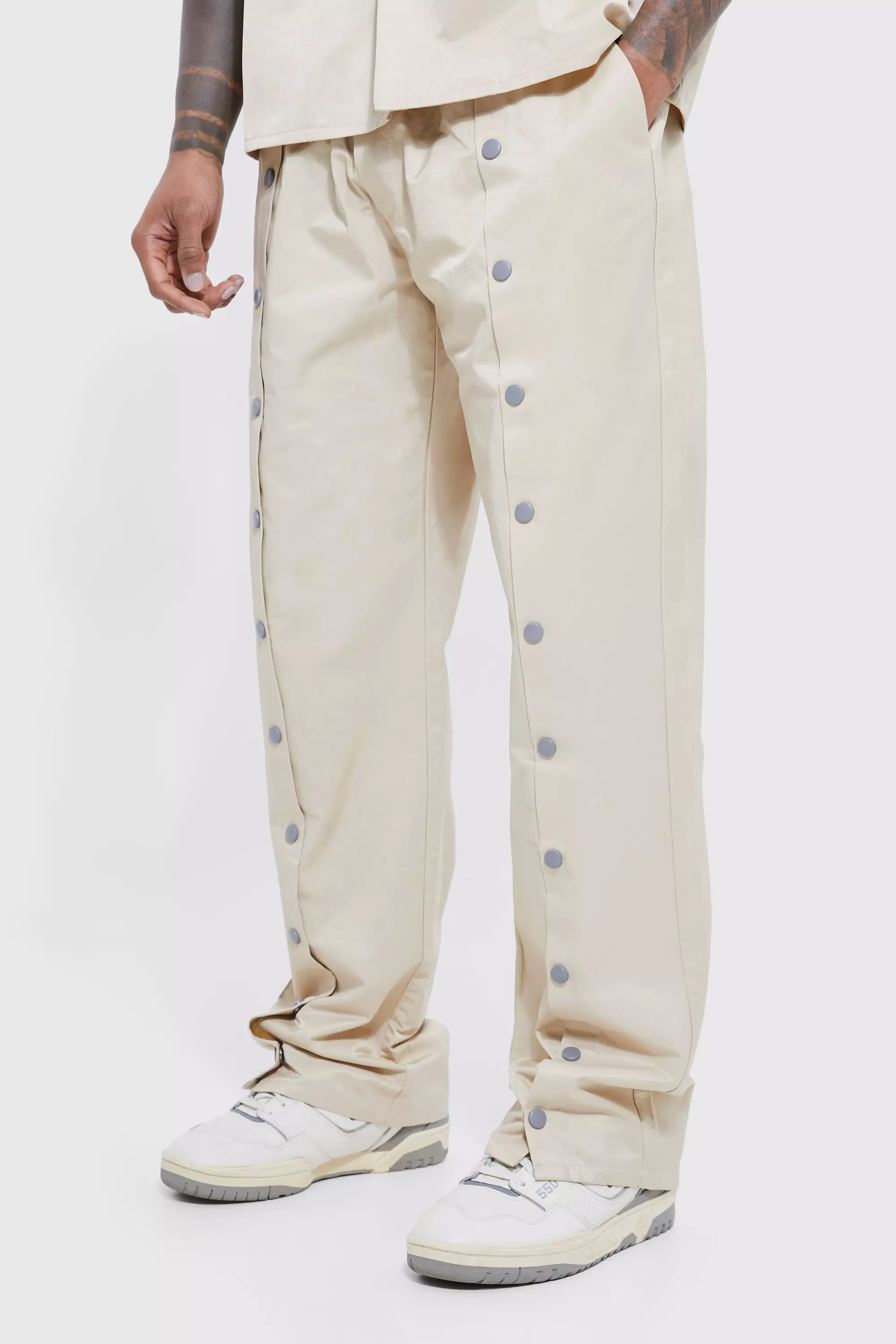 Elasticated Waistband Popper Relaxed Pants Stone