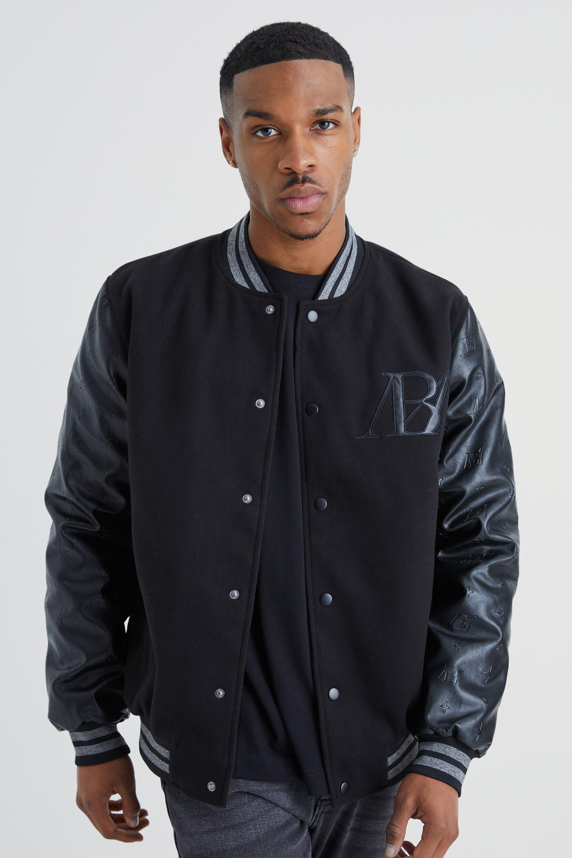 Melton Varsity Jacket With Embossed Pu Sleeves | boohooMAN USA