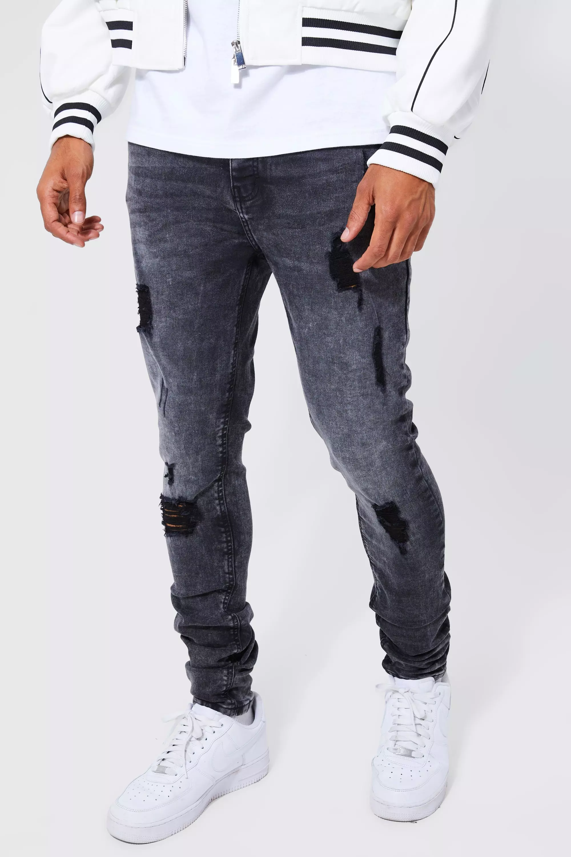 Black Tall Skinny Stretch Multi Rip Jeans