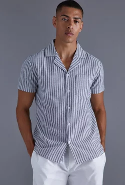 Grey Short Sleeve Regular Woven Stripe Shirt