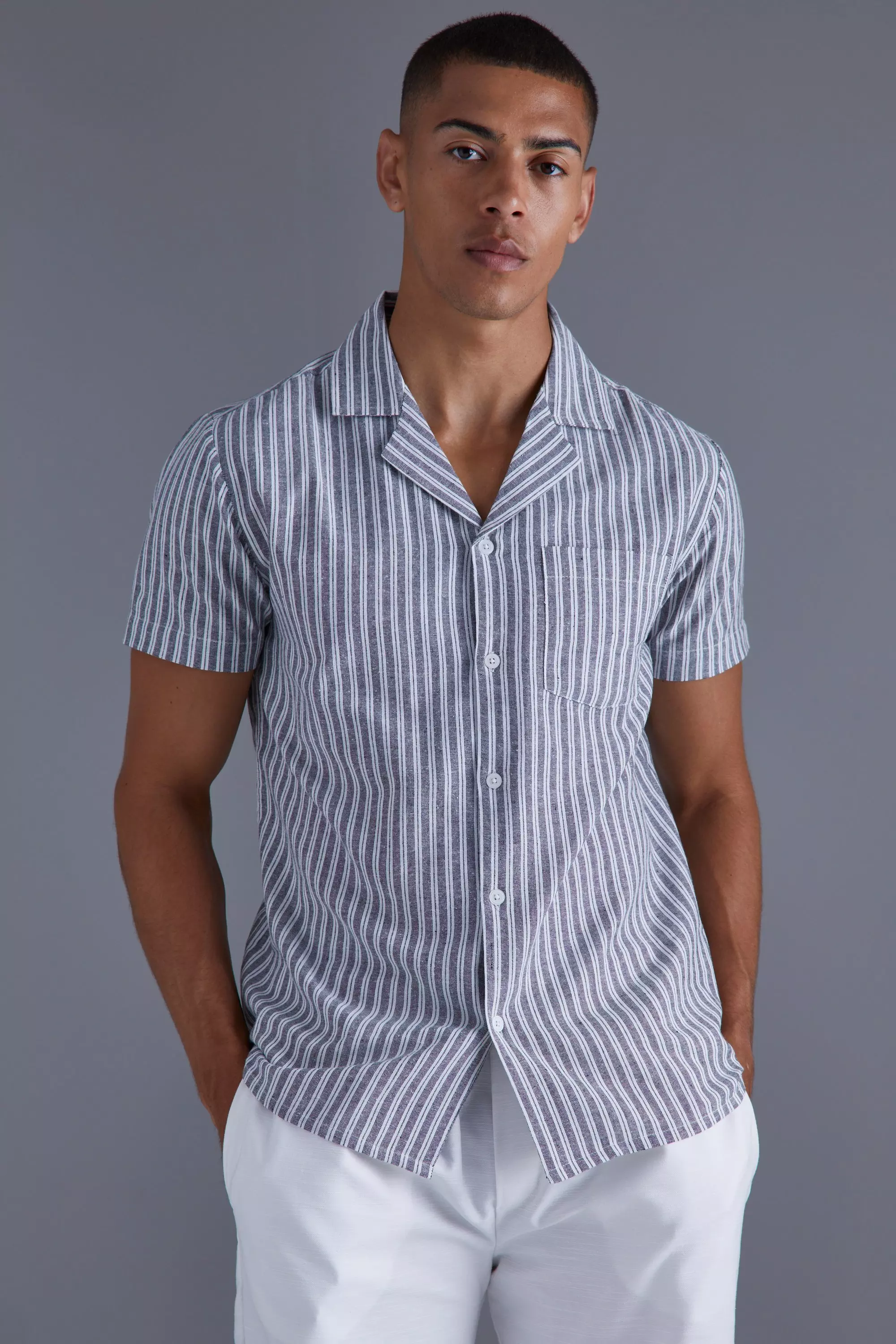 Short Sleeve Regular Woven Stripe Shirt Grey
