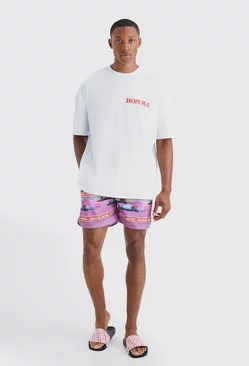 Oversized T-shirt & Graphic Swim Short Set pink