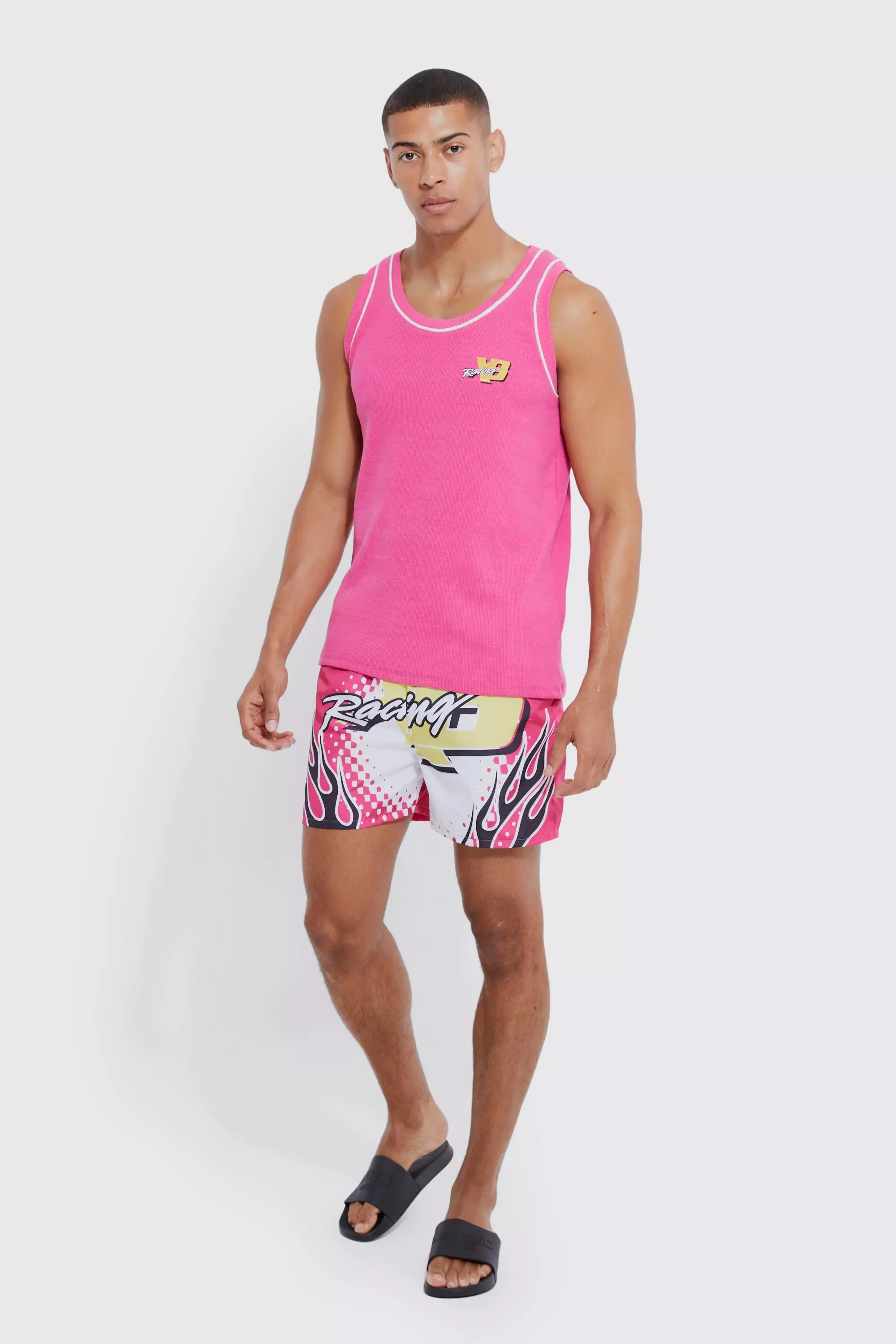 Pink Moto Ribbed Vest & Swim Short Set