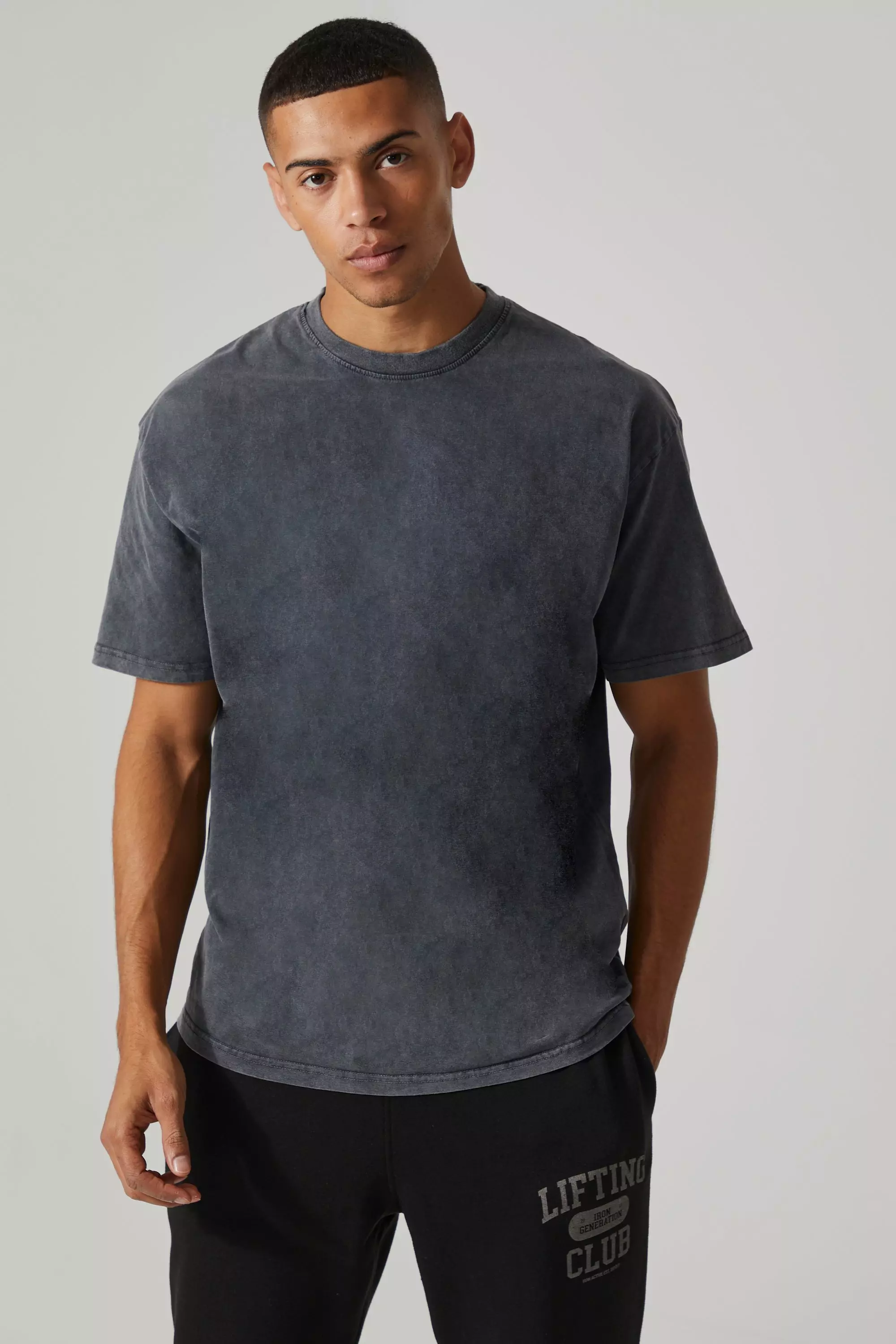 Man Active Oversized Acid Wash Raw T-shirt Charcoal