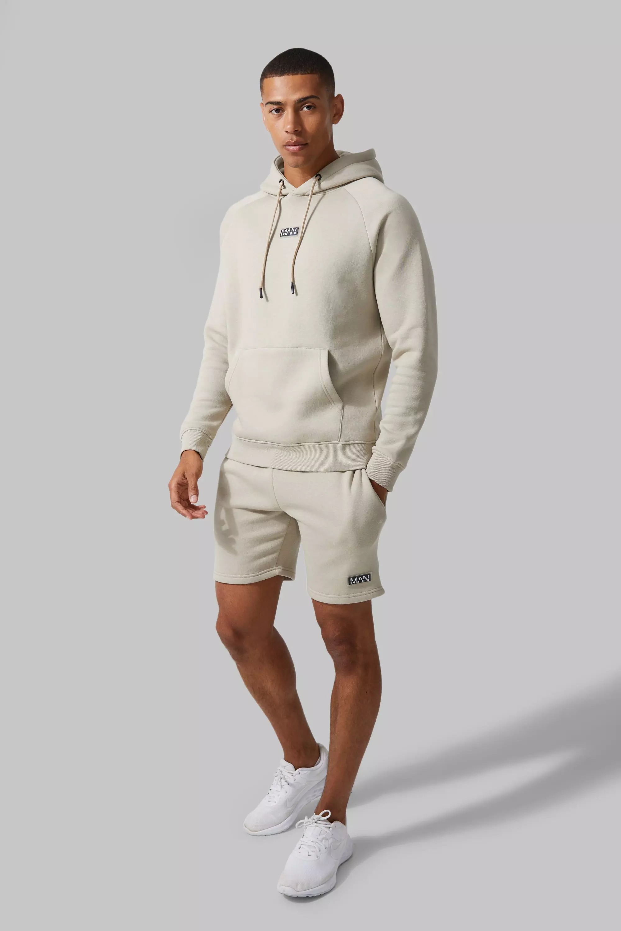 Taupe Beige Man Active Gym Training Hoodie & Short Set