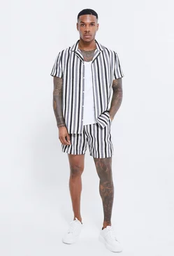 Short Sleeve Revere Linen Look Stripe Shirt & Short Set stone