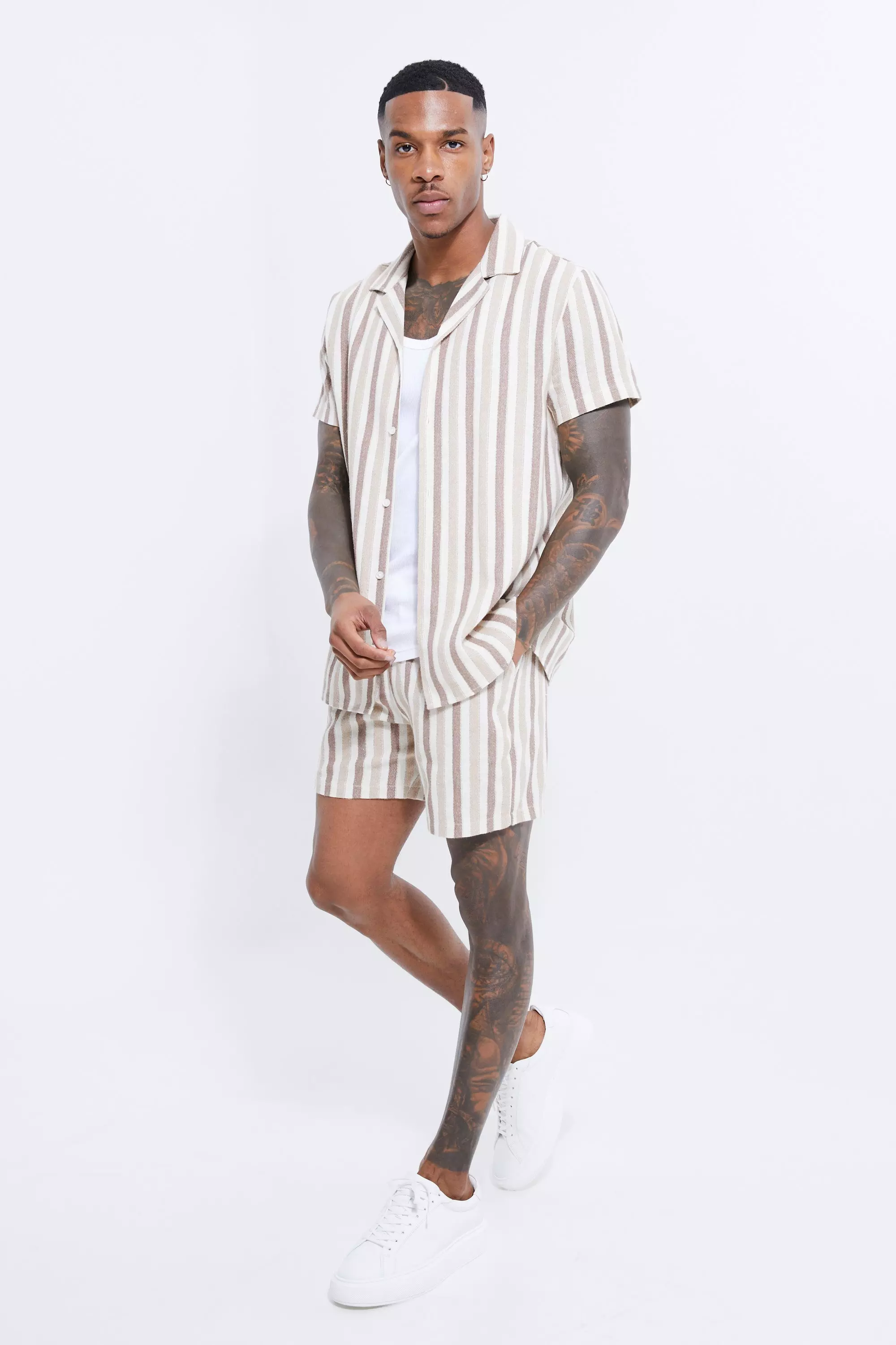 Stone Beige Short Sleeve Revere Linen Look Stripe Shirt & Short Set