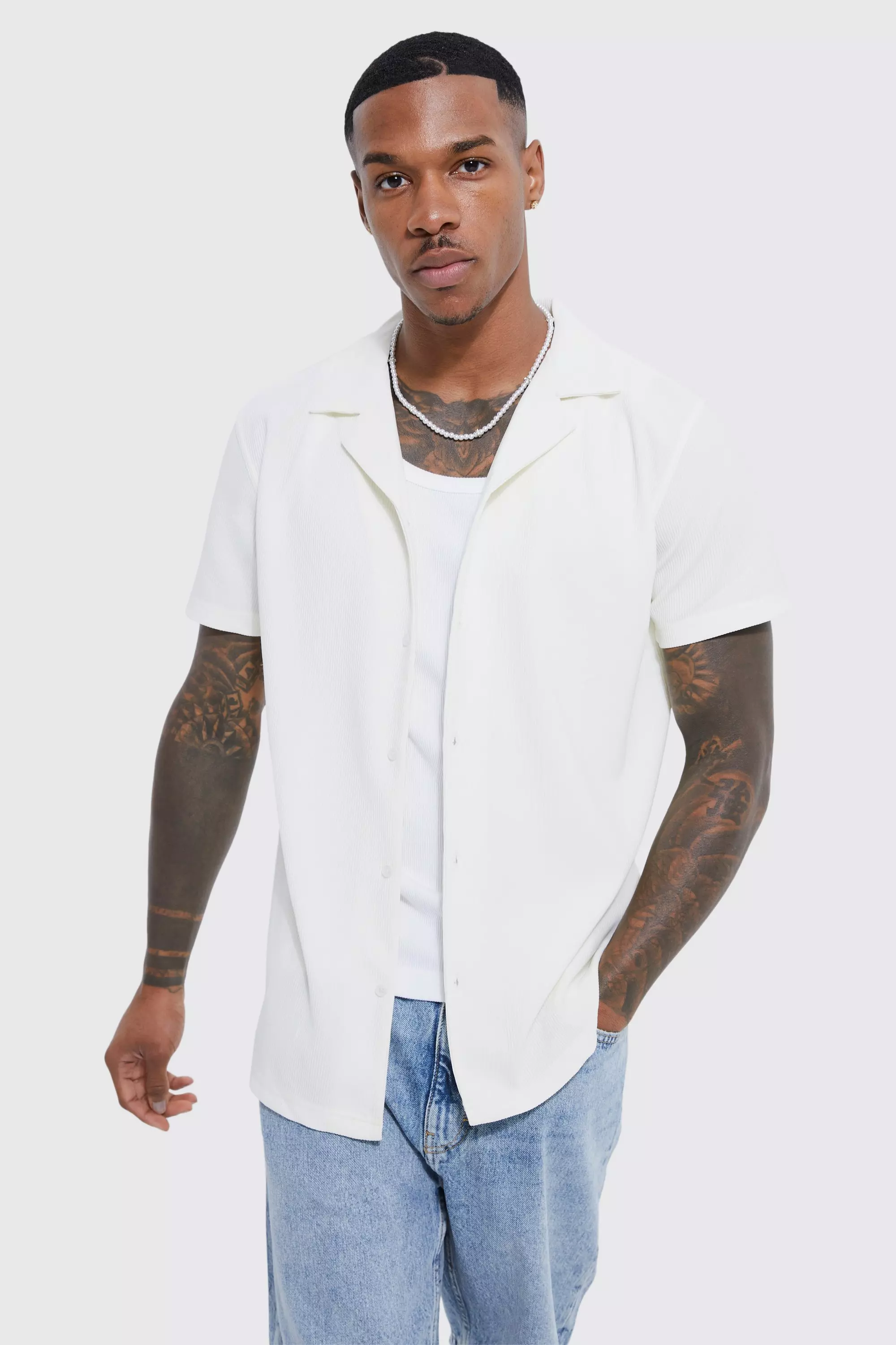 Kurzärmliges geripptes Jersey-Hemd, Sand alternatives Bild
