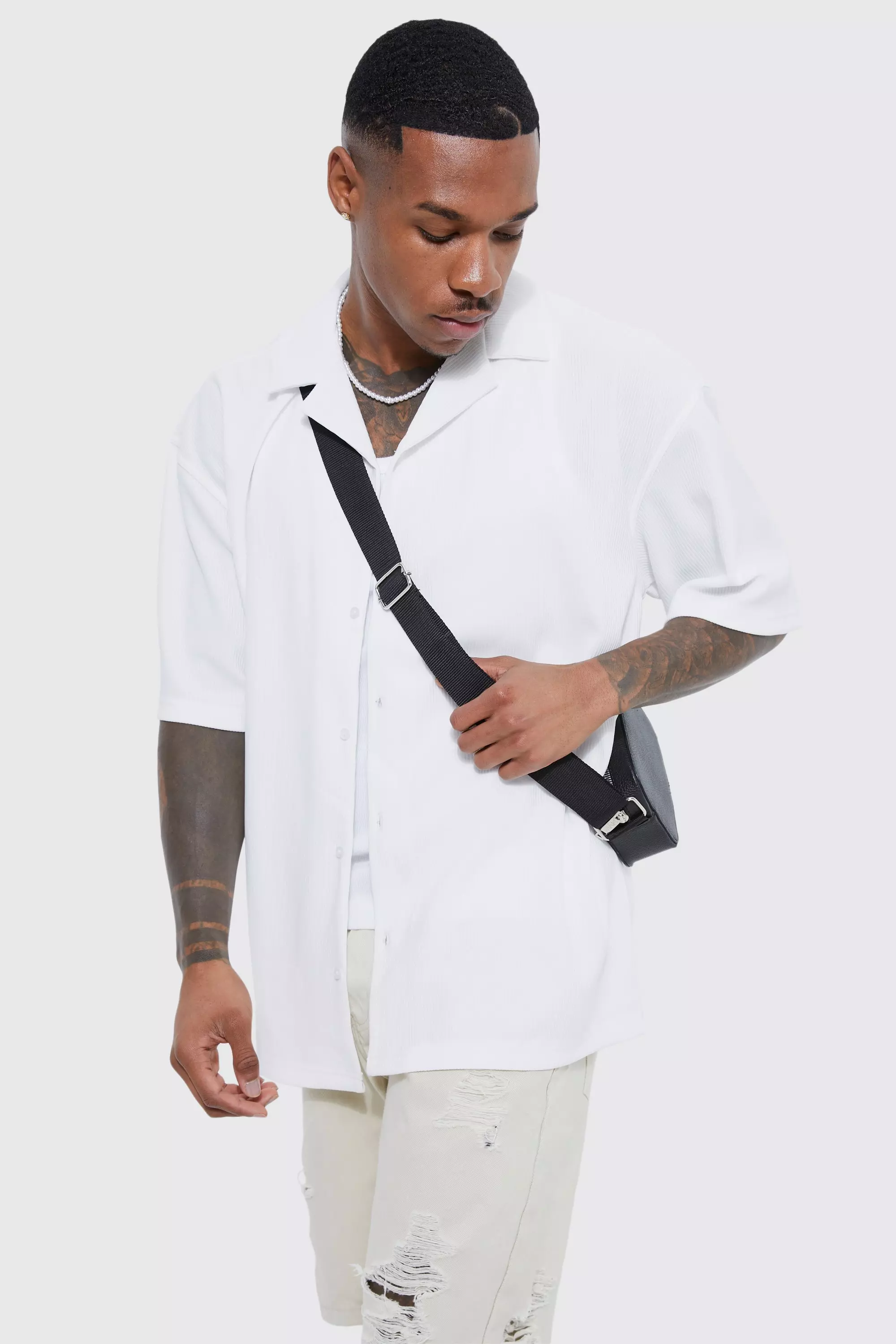 White Oversized Boxy Revere Rib Jersey Shirt