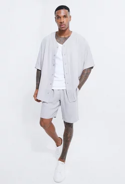 Short Sleeve Oversized Linen Baseball Shirt & Short Set grey