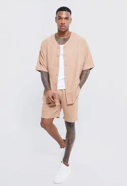 Short Sleeve Oversized Linen Baseball Shirt & Short Set brown