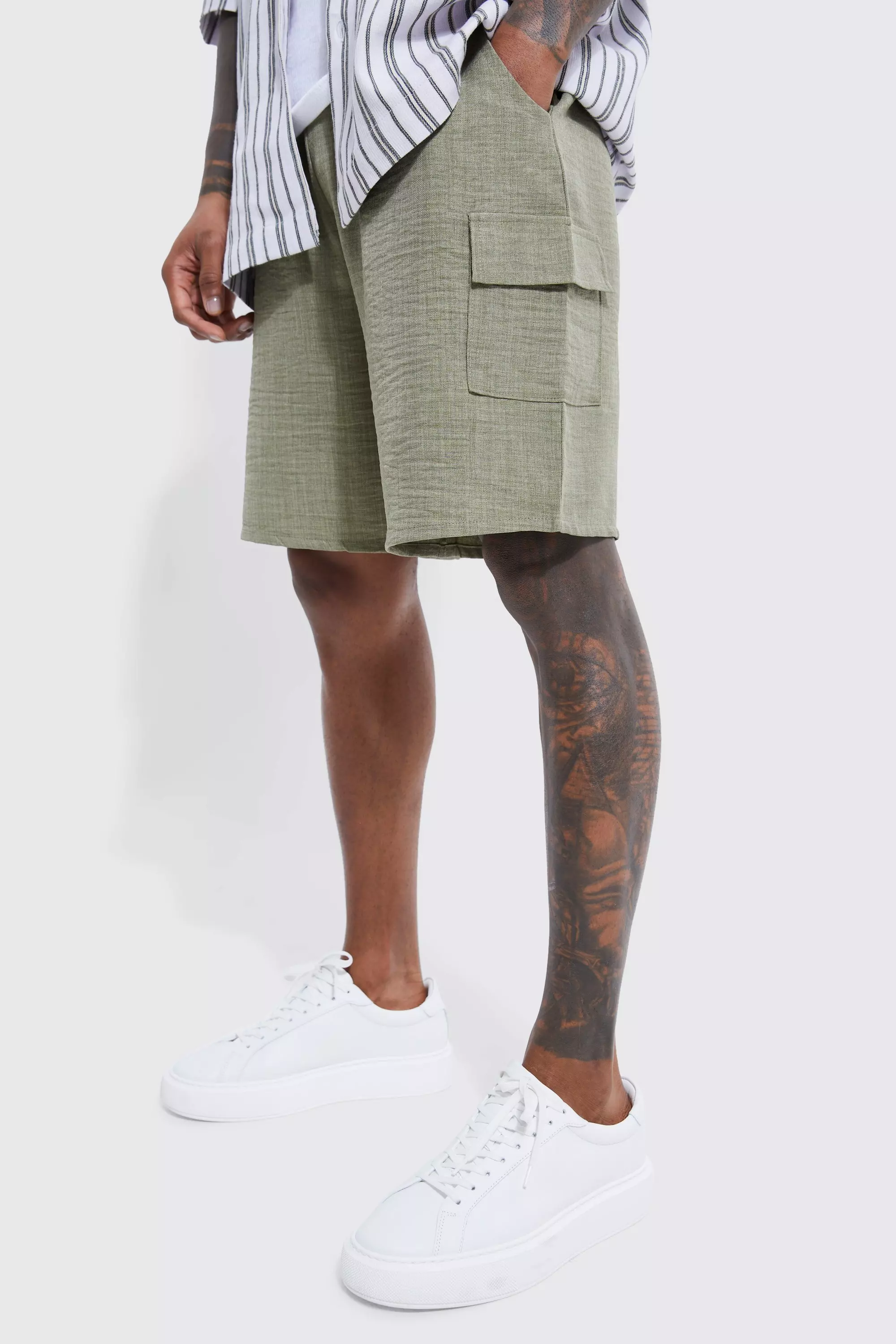 Elastic Waist Relaxed Cargo Linen Short khaki