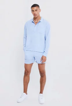 Longsleeve Boxy Linen Shirt & Short Set blue