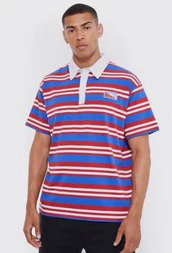 Blue Oversized Stripe Detail Rugby Polo